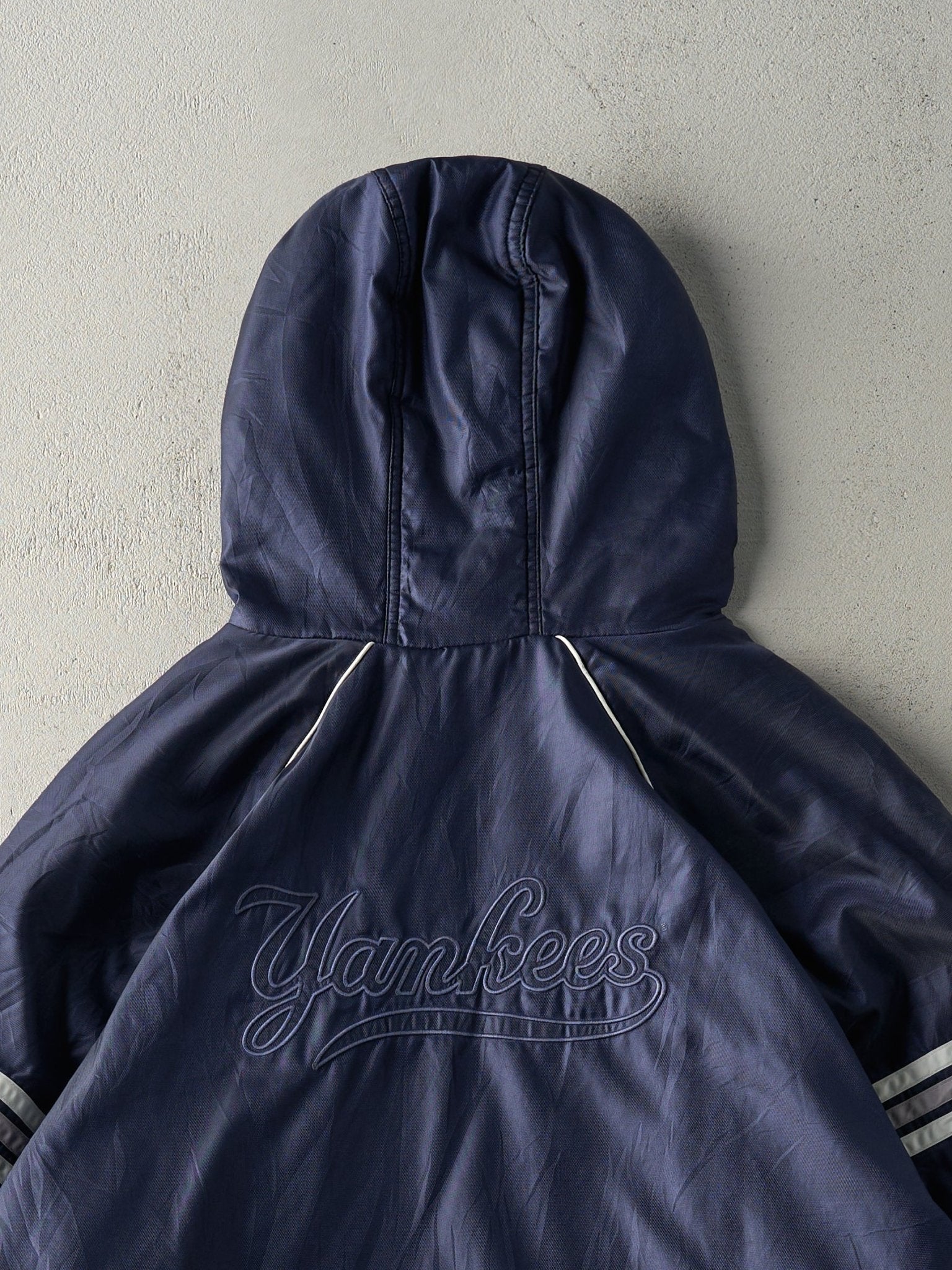 Vintage 90s Navy Blue Adidas New York Yankees Sweater Lined Zip Up Windbreaker Jacket (XL)