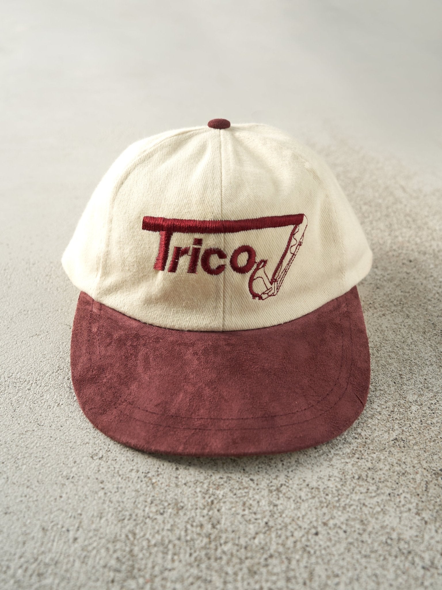 Vintage 90s Beige & Burgundy Embroidered Trico Strapback Hat