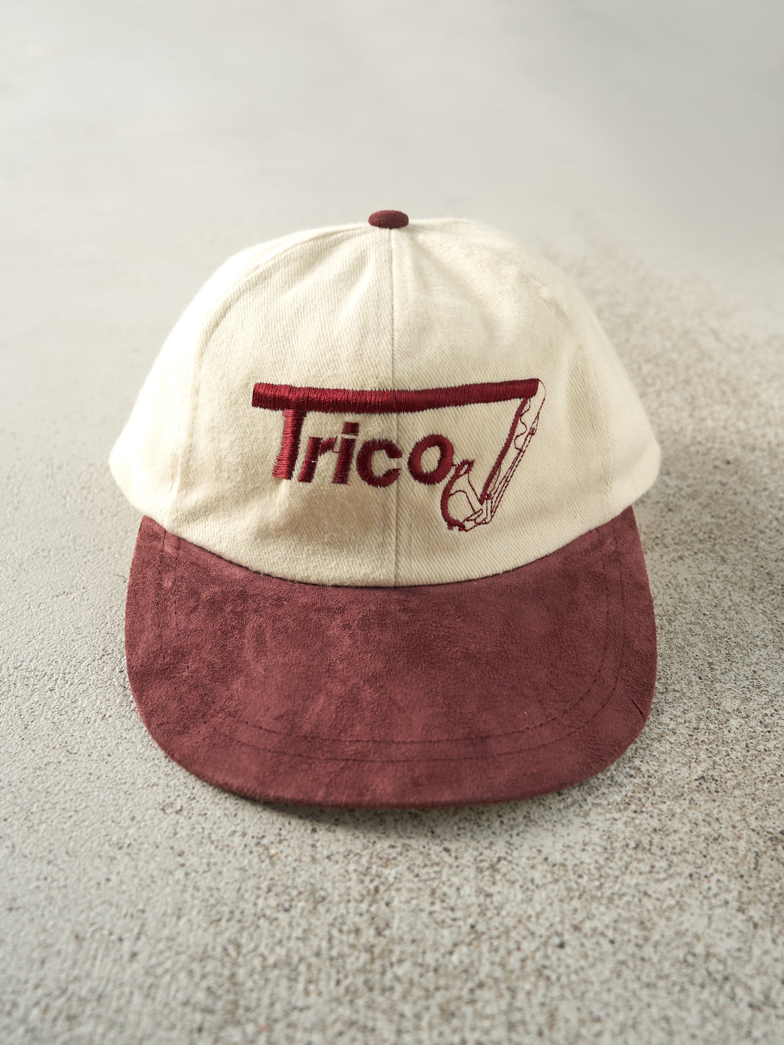 Vintage 90s Beige & Burgundy Embroidered Trico Strap Back Hat