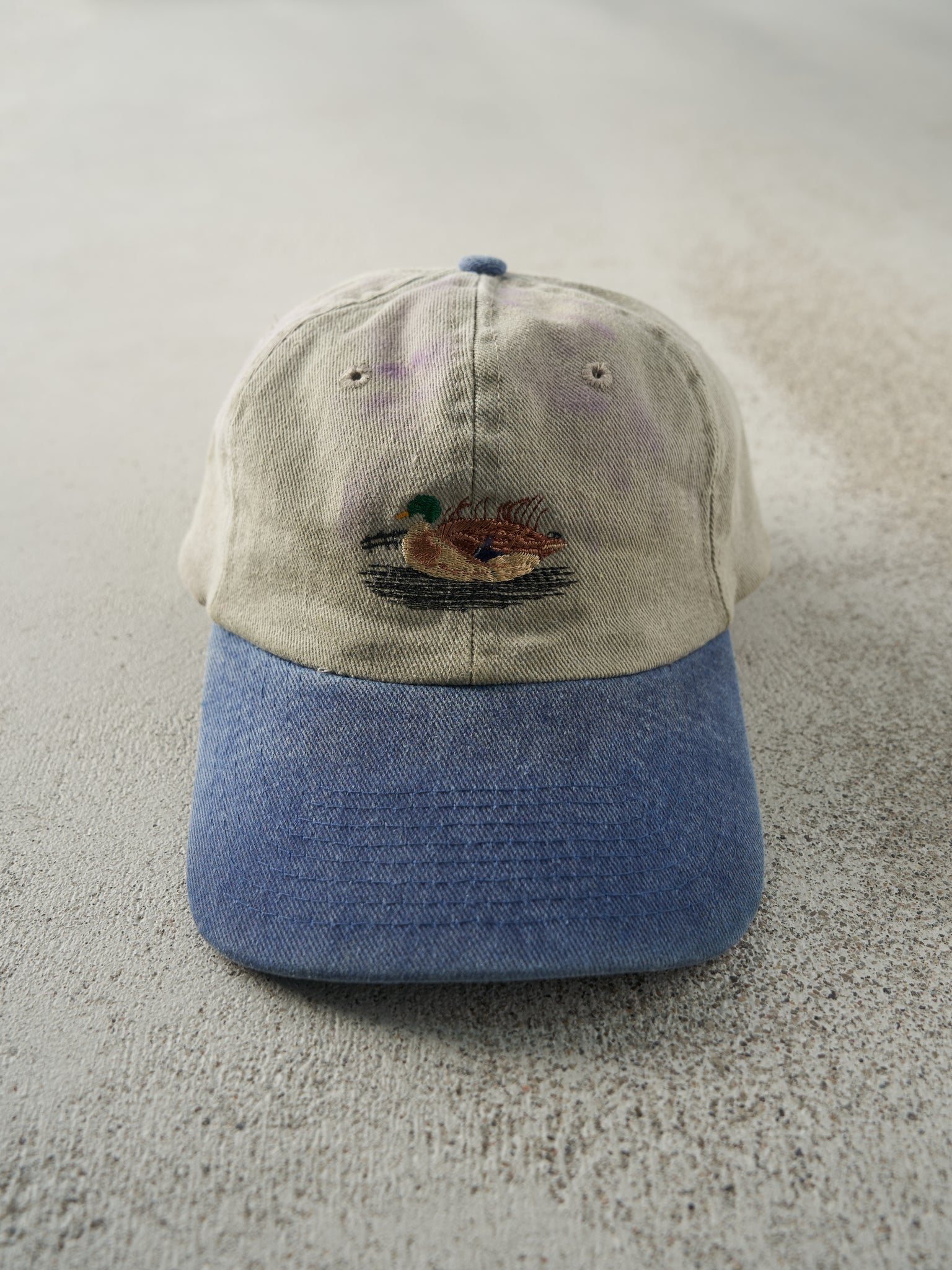 Vintage 90s Beige & Blue Embroidered Duck Strap Back Hat