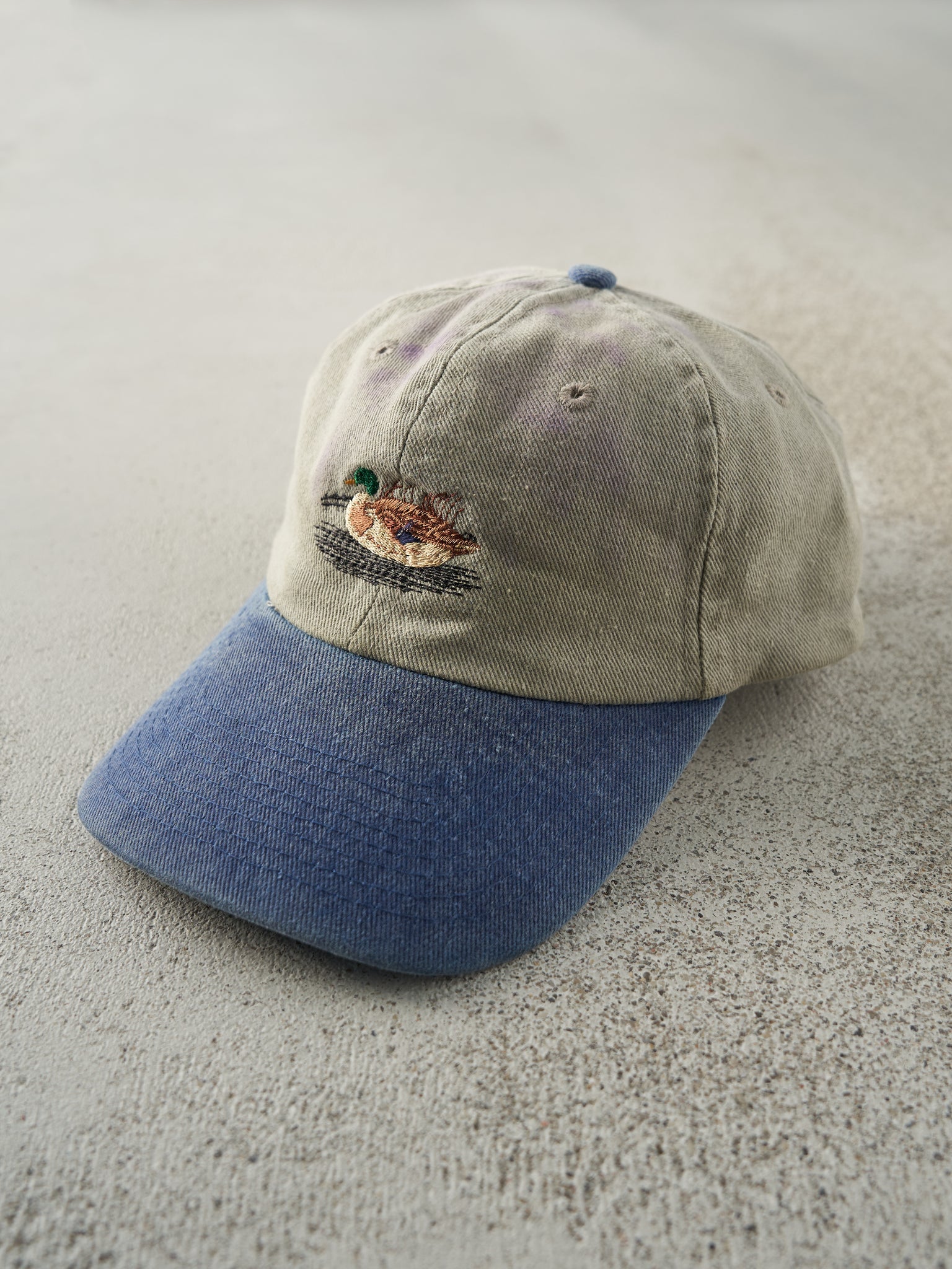 Vintage 90s Beige & Blue Embroidered Duck Strap Back Hat