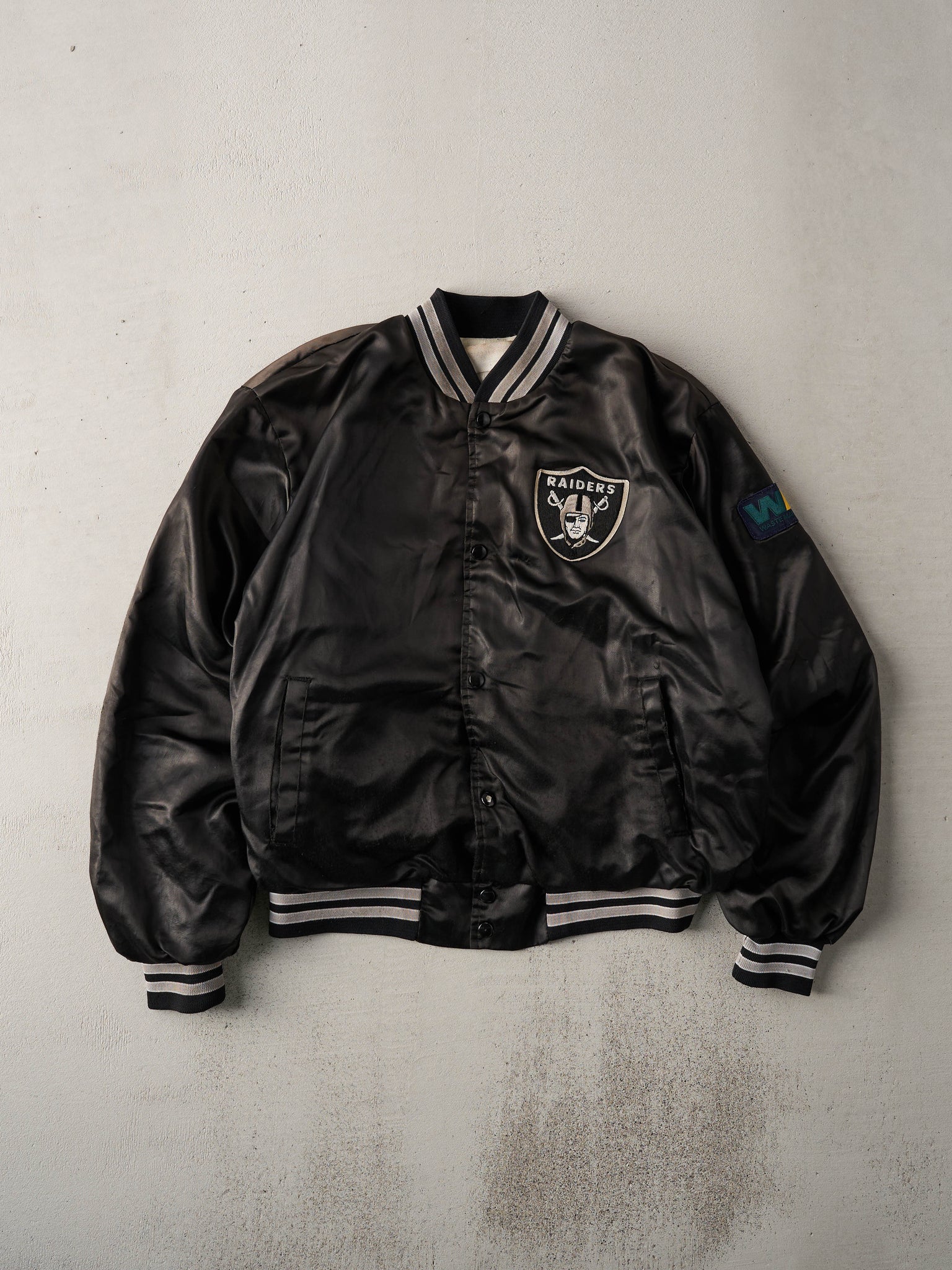 Vintage 90s Black Raiders Satin Varsity Jacket (L)