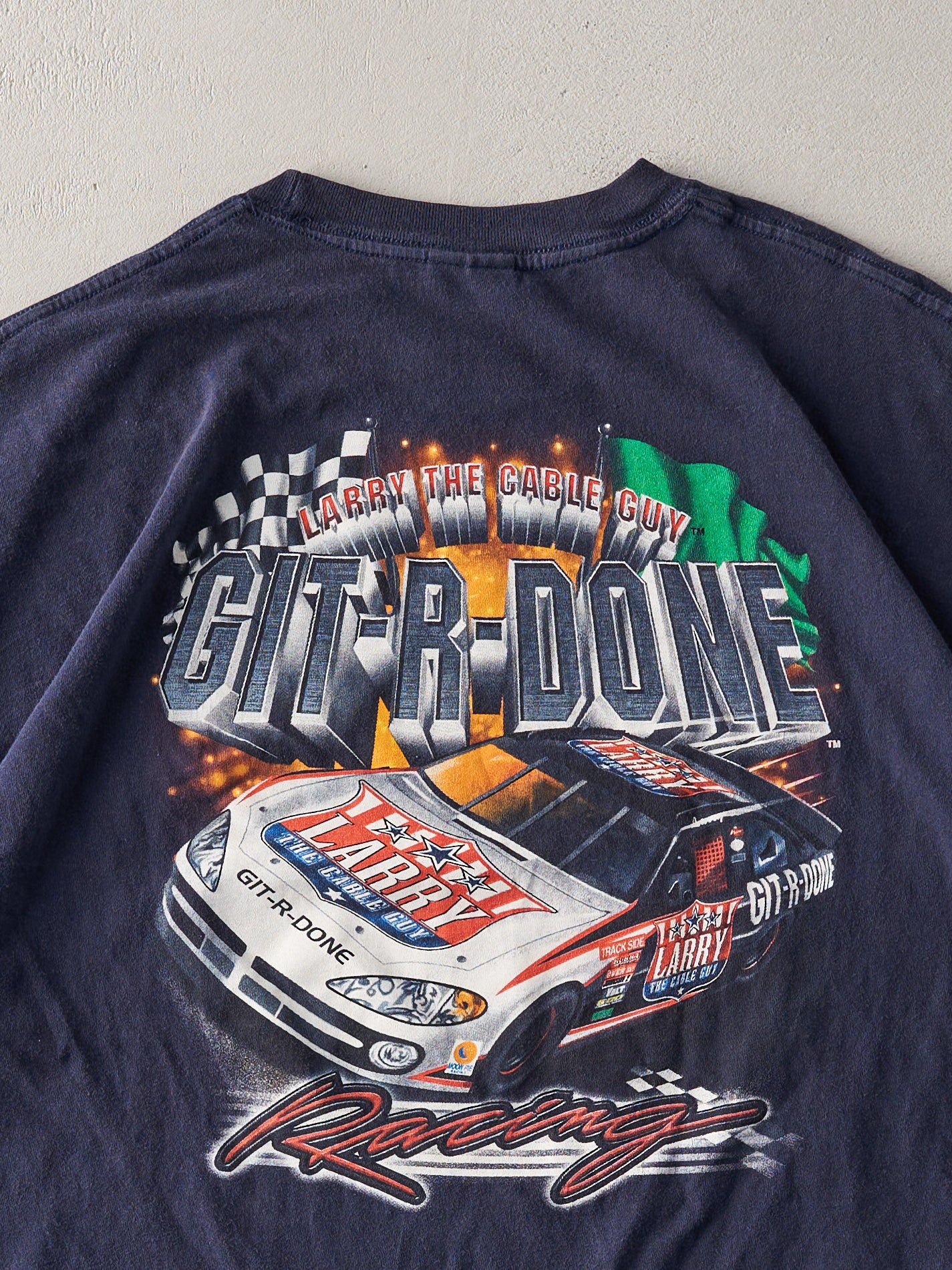 Vintage Navy Larry the Cable Guy Git-R-Done Racing Tee (L)