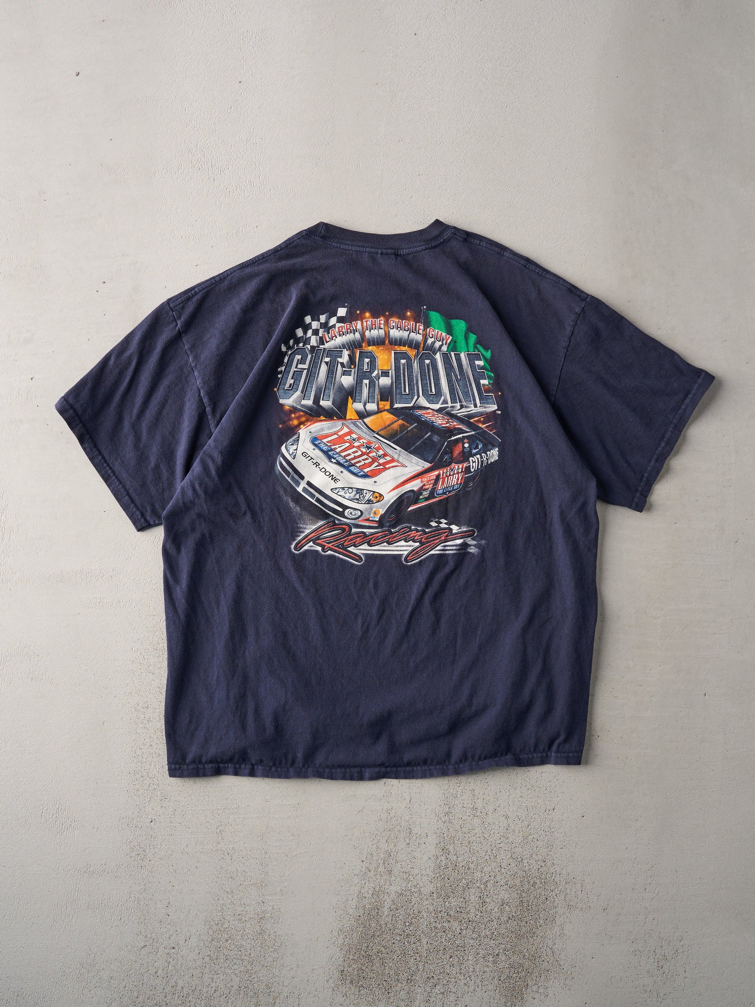 Vintage Navy Larry the Cable Guy Git-R-Done Racing Tee (L)