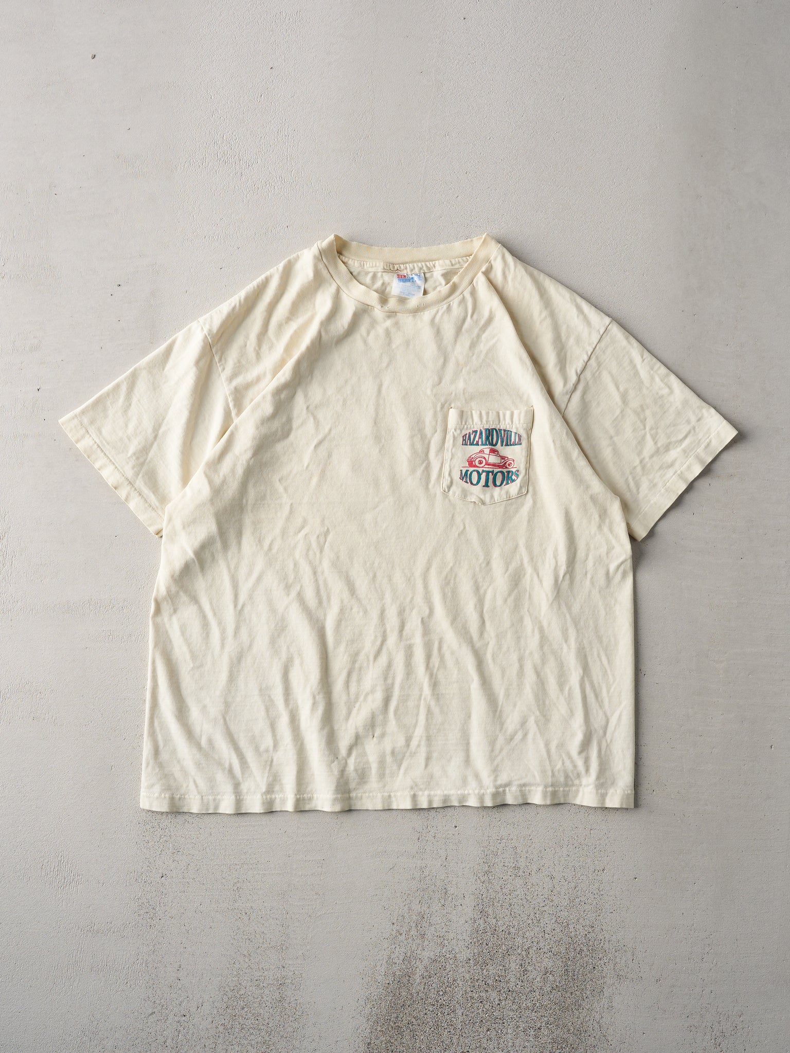 Vintage '93 Washed Yellow Hazardville Motors Single Stitch Tee (L)