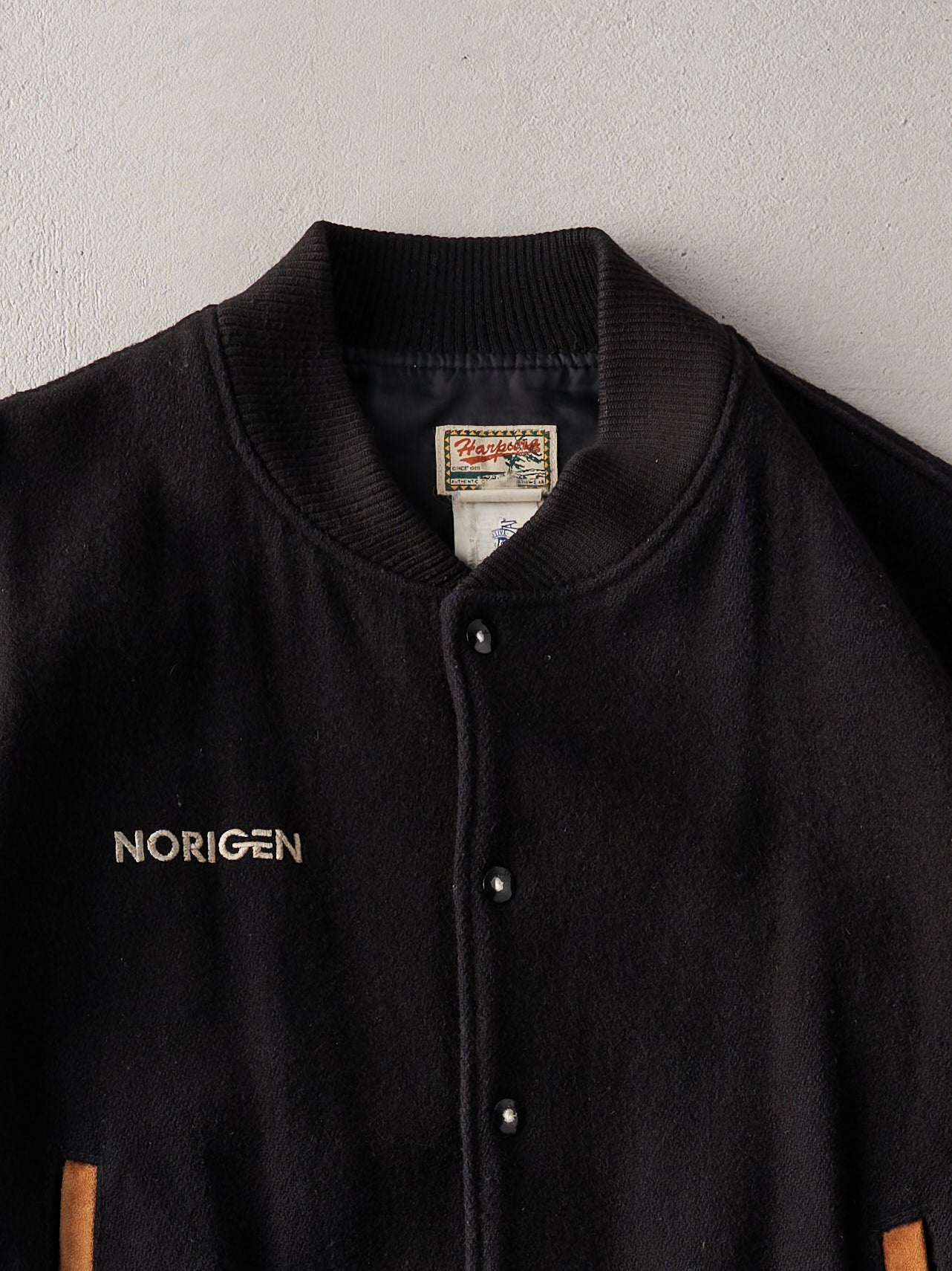 Vintage 90s Black and Brown Suede Norigen Harpurg Varsity Jacket (M)