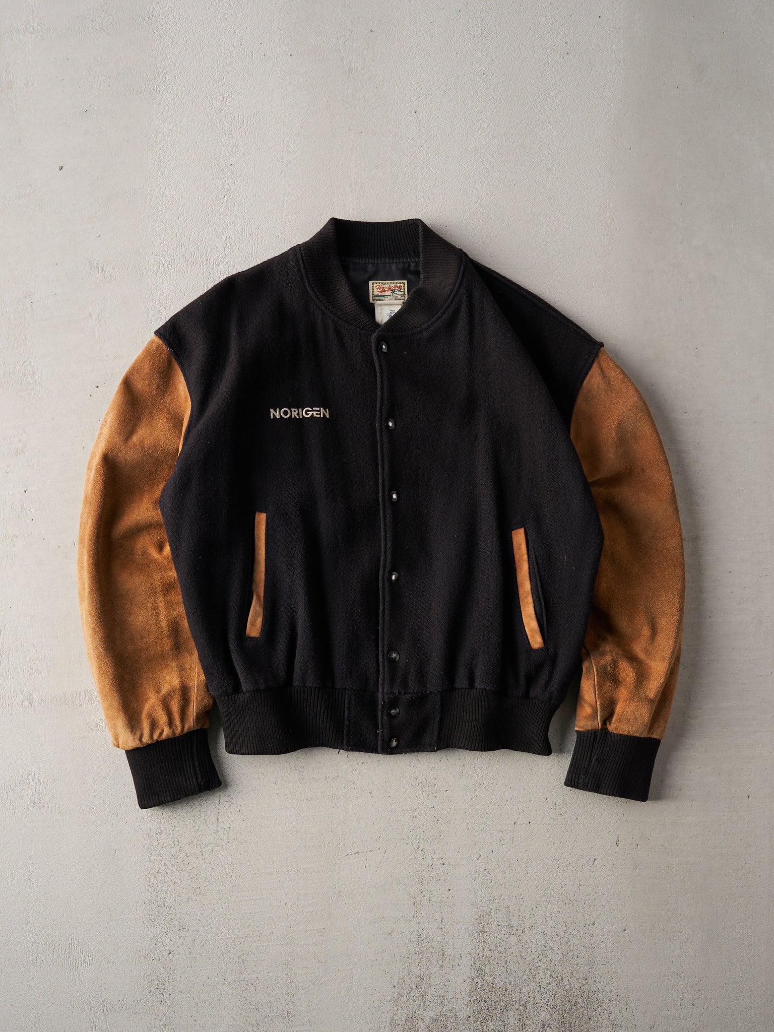 Vintage 90s Black and Brown Suede Norigen Harpurg Varsity Jacket (M)