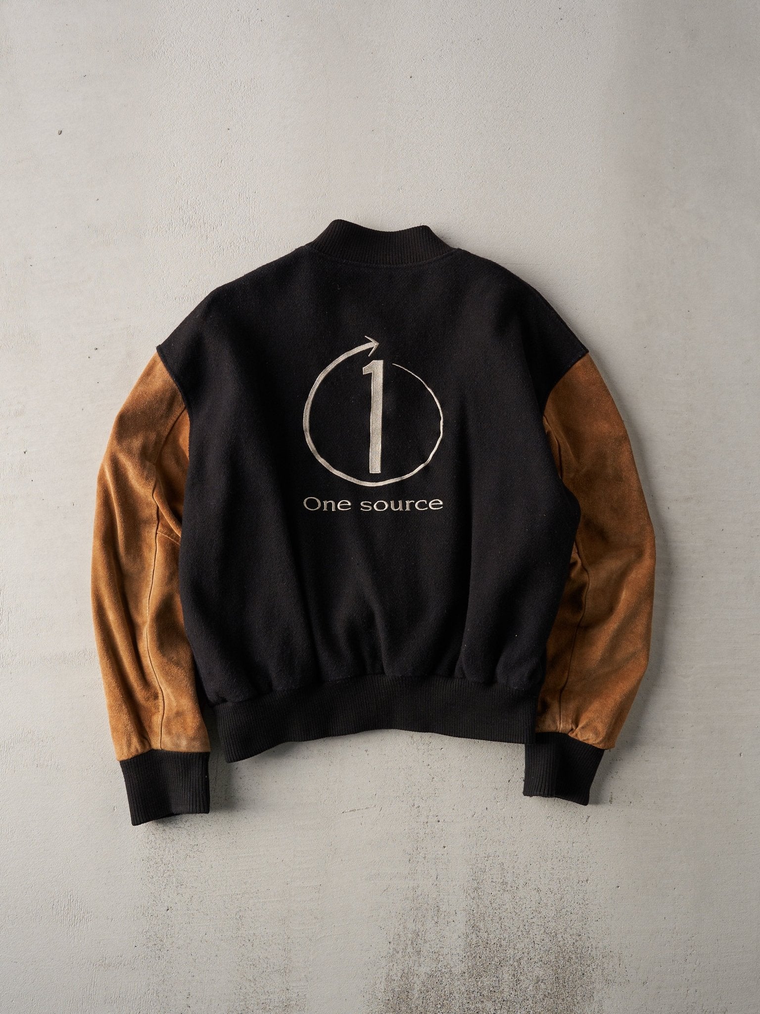 Vintage 90s Black and Brown Suede Norigen Harpurg Varsity Jacket (M)