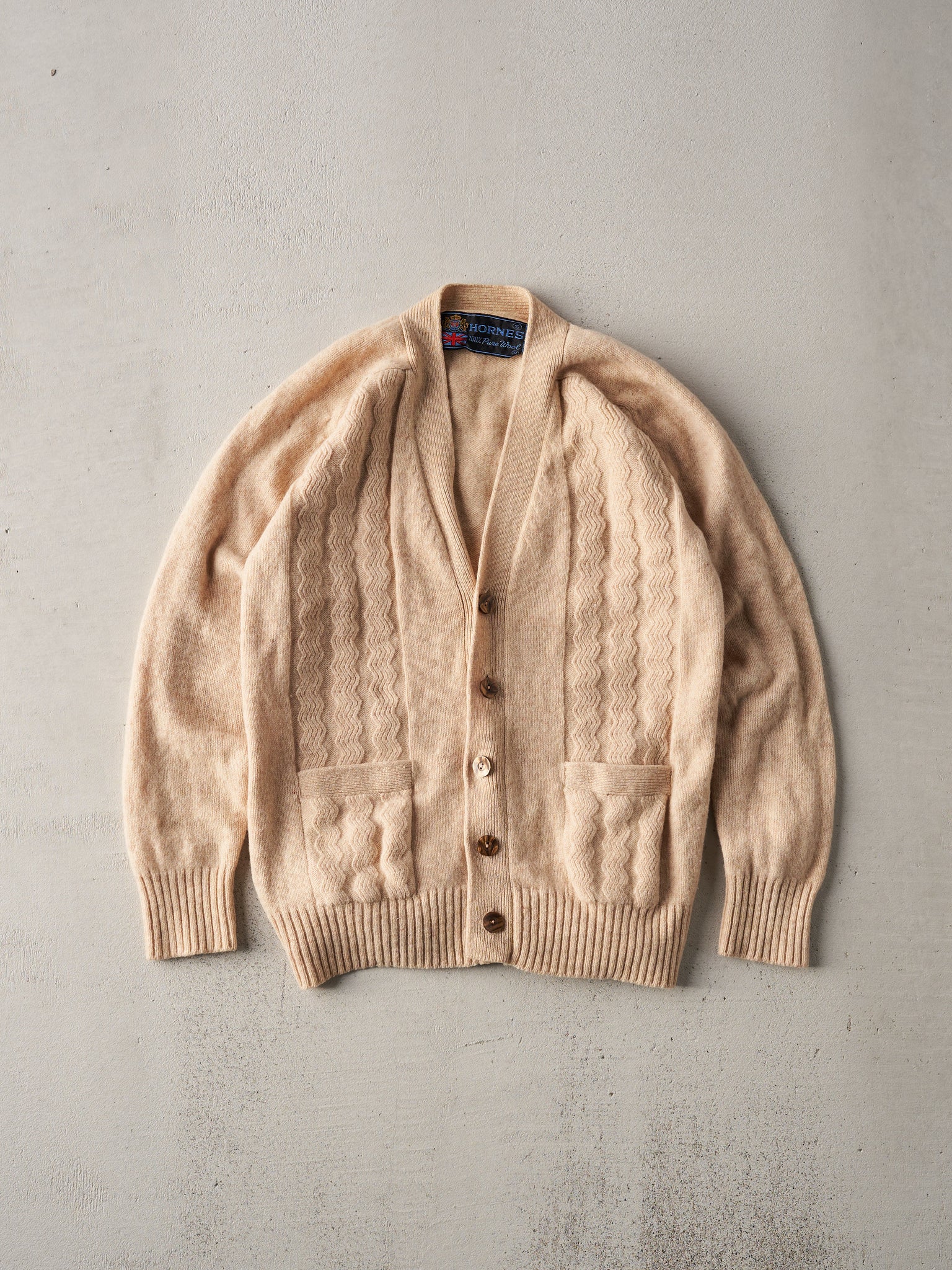 Vintage 70s Beige Wave Knit Cardigan (S)