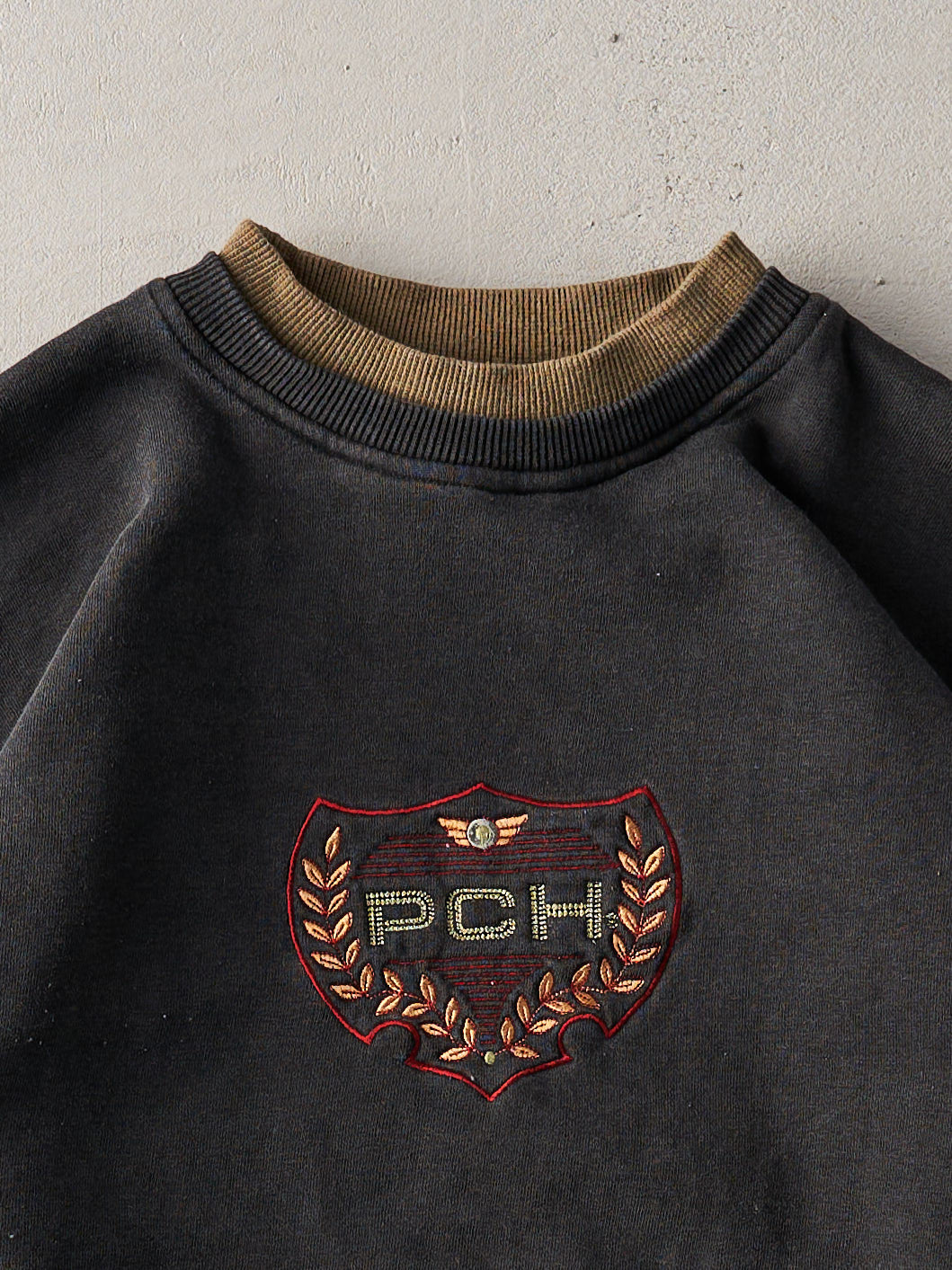 Vintage 90s Faded Black PCH Embroidered Crest Crewneck (L)