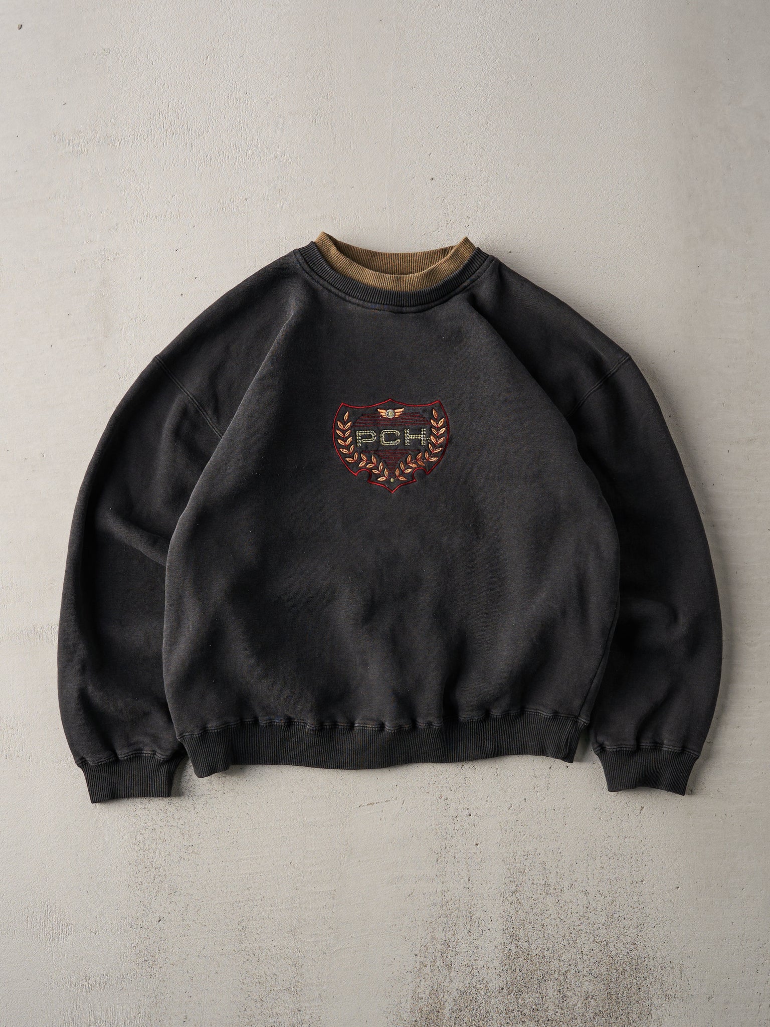 Vintage 90s Faded Black PCH Embroidered Crest Crewneck (L)