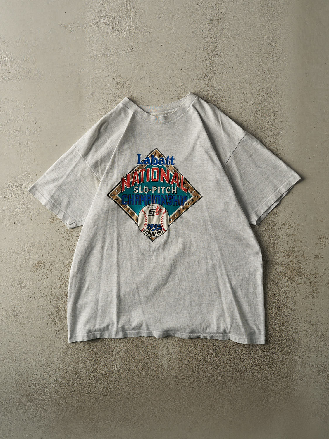 Vintage 92' Heather Grey Labatt Slo-Pitch Single Stitch Tee (L/XL)