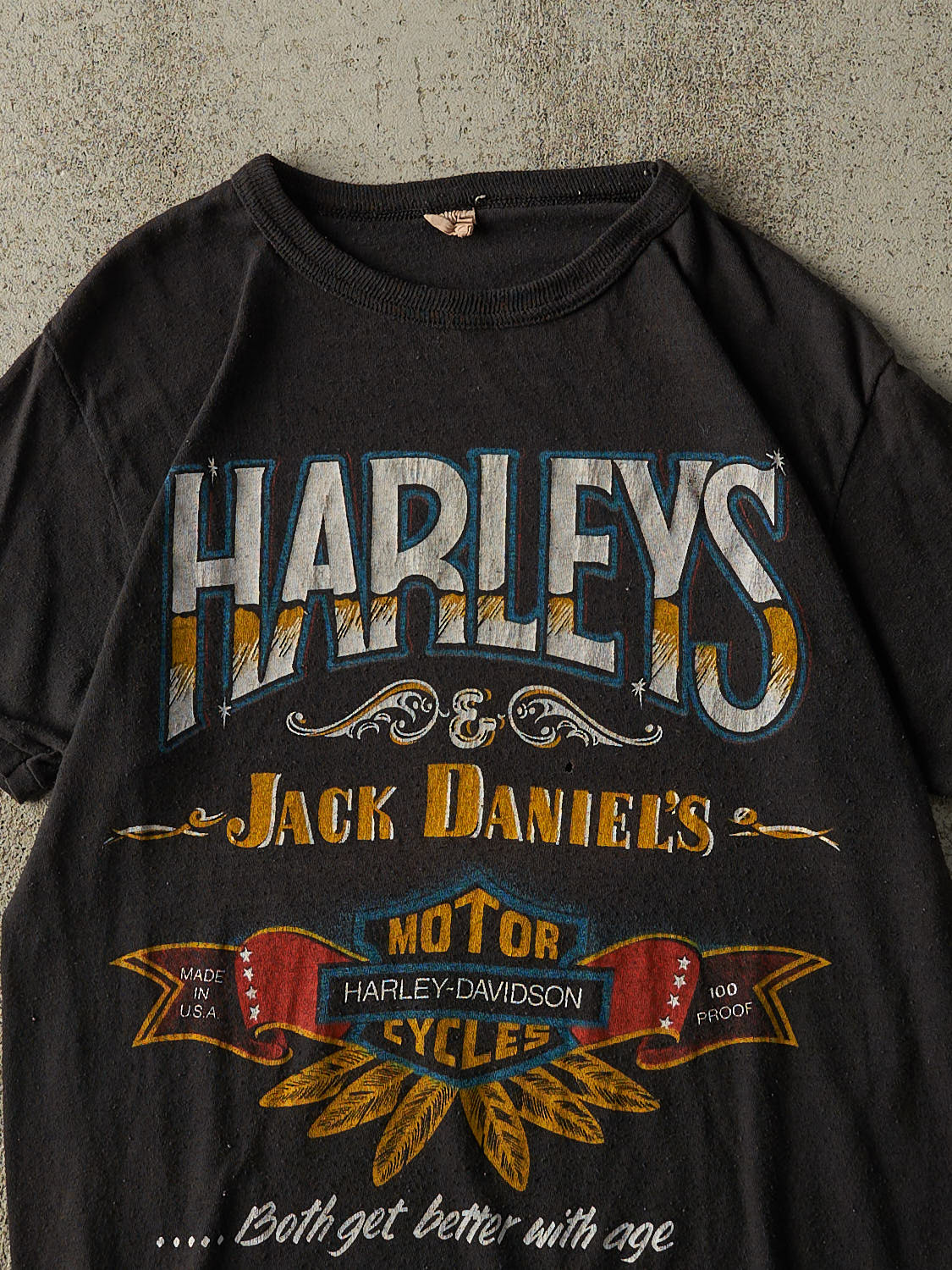 Vintage 80s Faded Black RARE Harley Davidson x Jack Daniels Single Stitch Tee (XS/S)