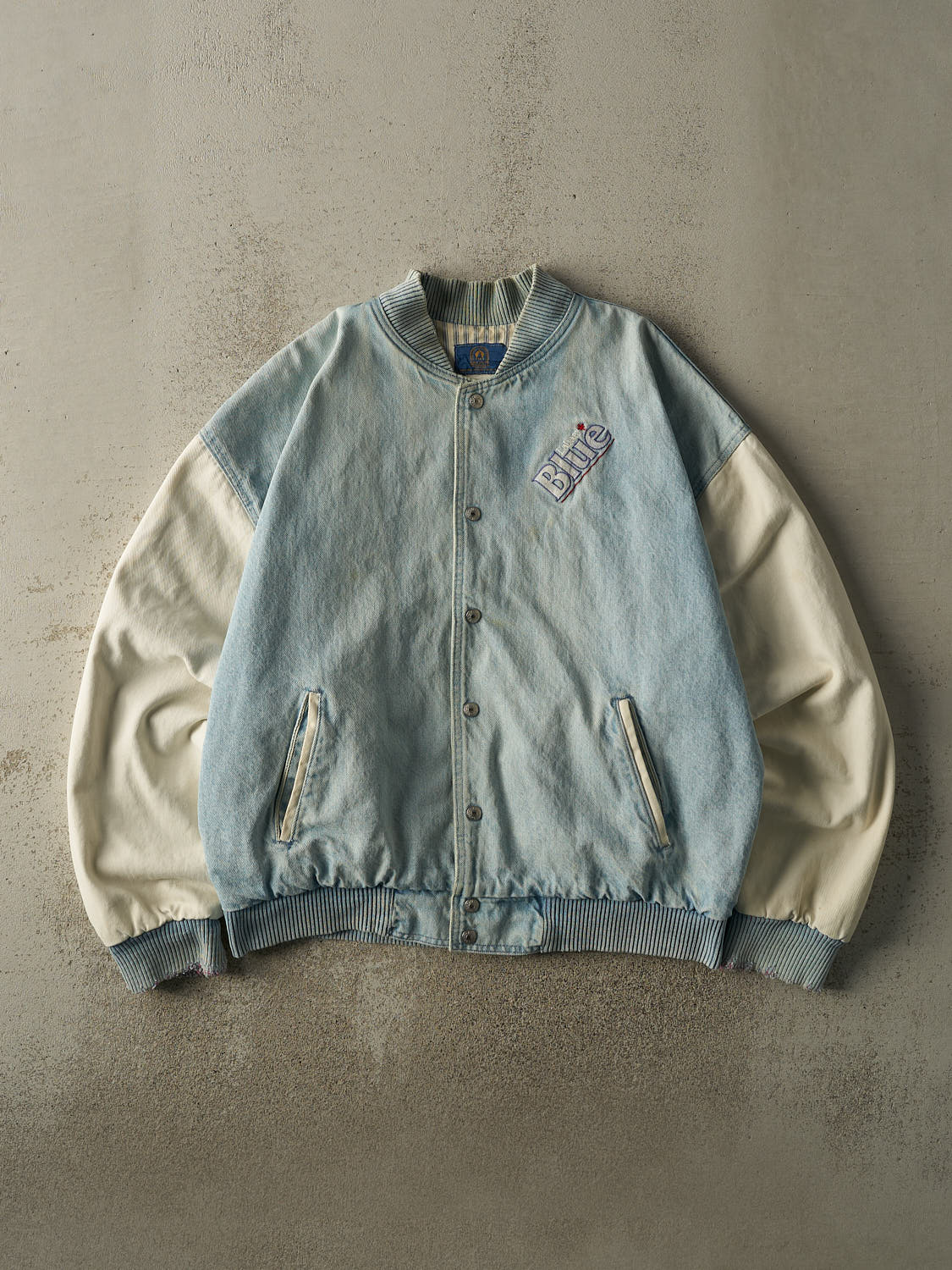 Vintage 90s Light Wash Labatt Blue Embroidered Varsity Bomber Jacket ...