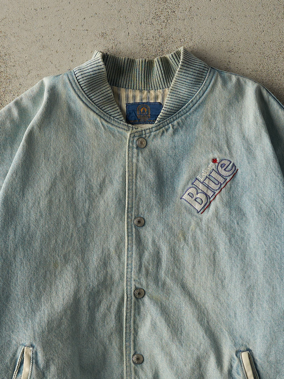 Vintage 90s Light Wash Labatt Blue Embroidered Varsity Bomber Jacket (L/XL)