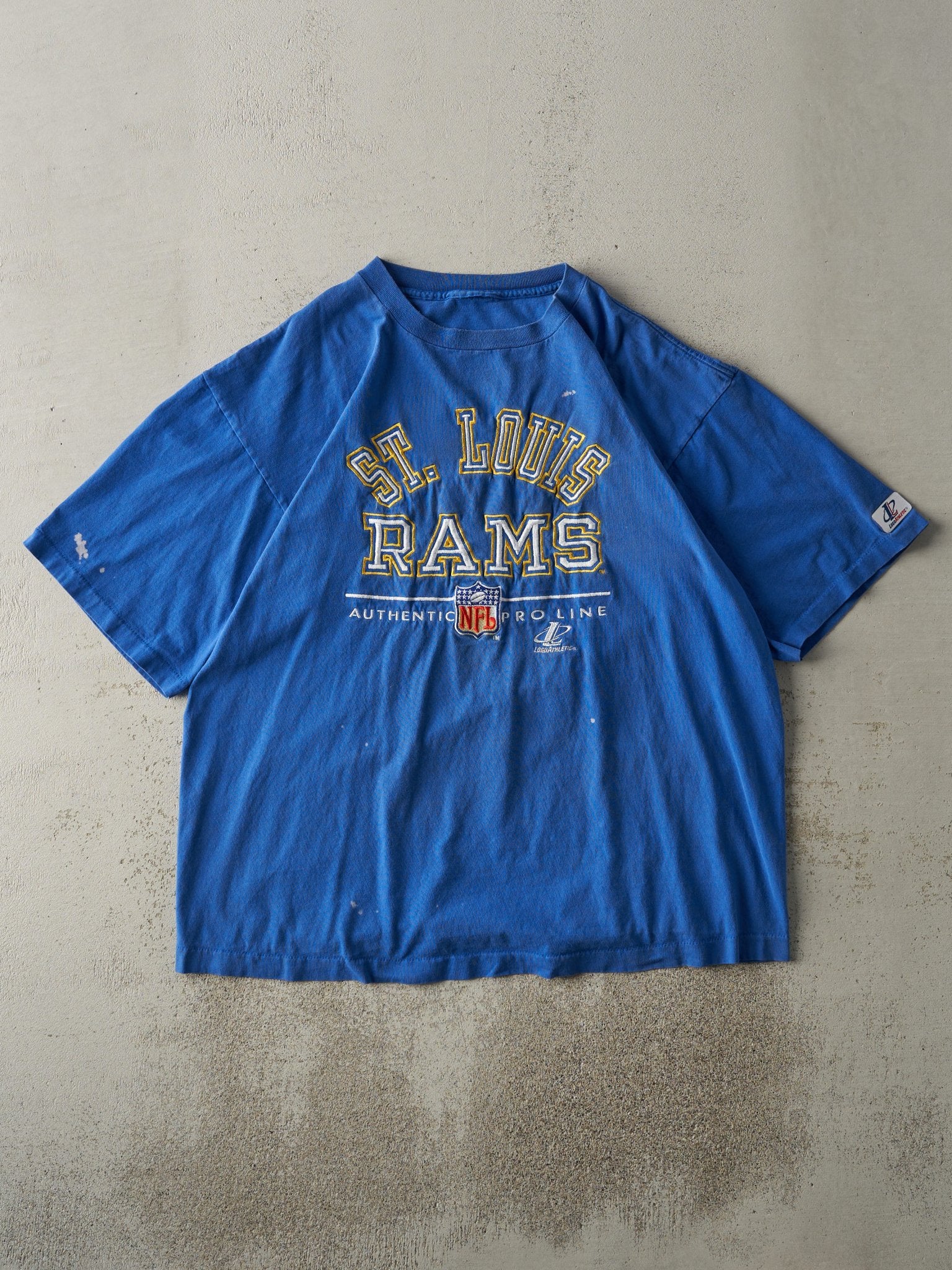 Vintage 90s Blue Embroidered St. Louis Rams Single Stitch Tee (L/XL)