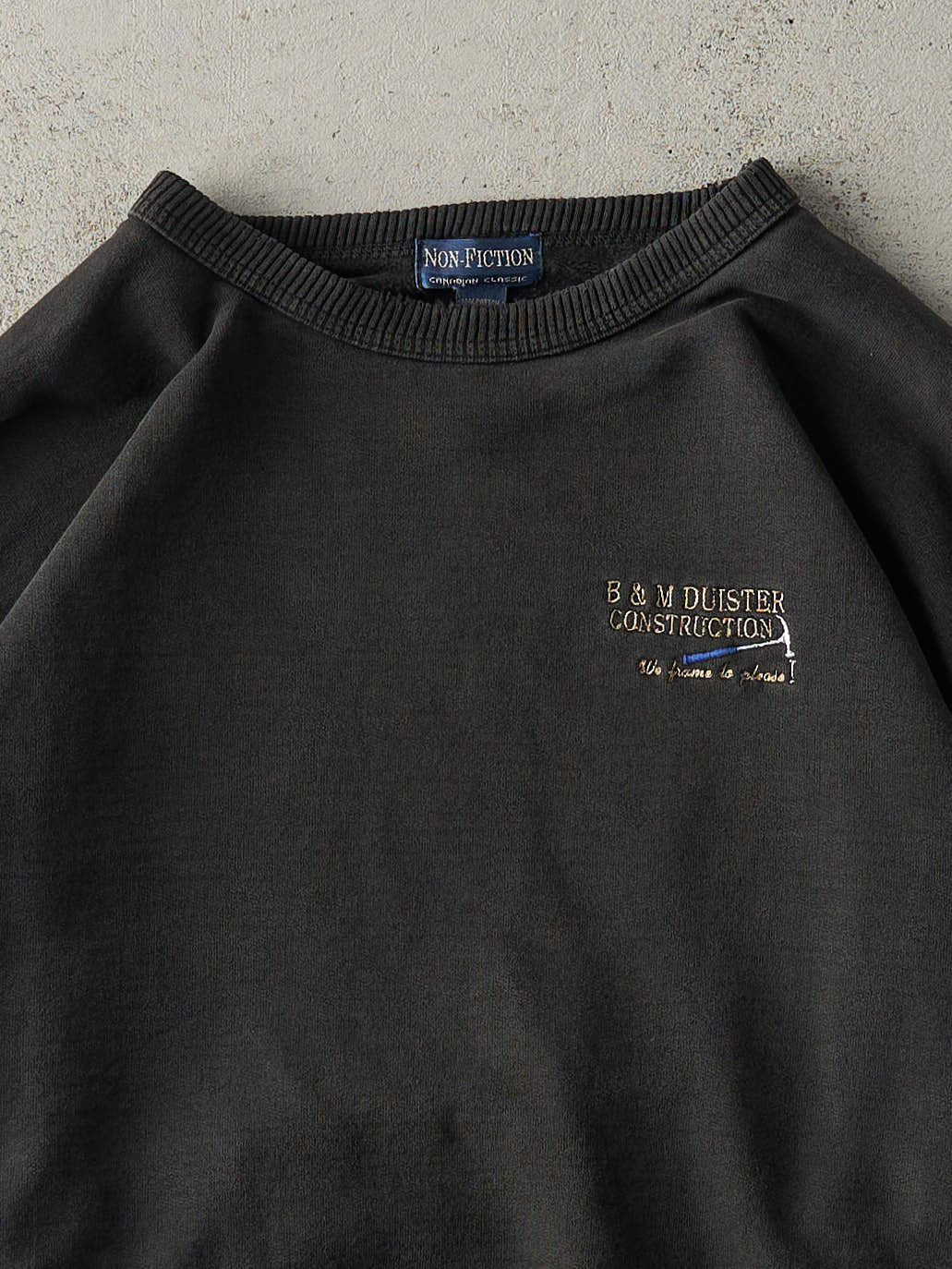 Vintage 90s Faded Black Embroidered B&M Construction Crewneck (XL)