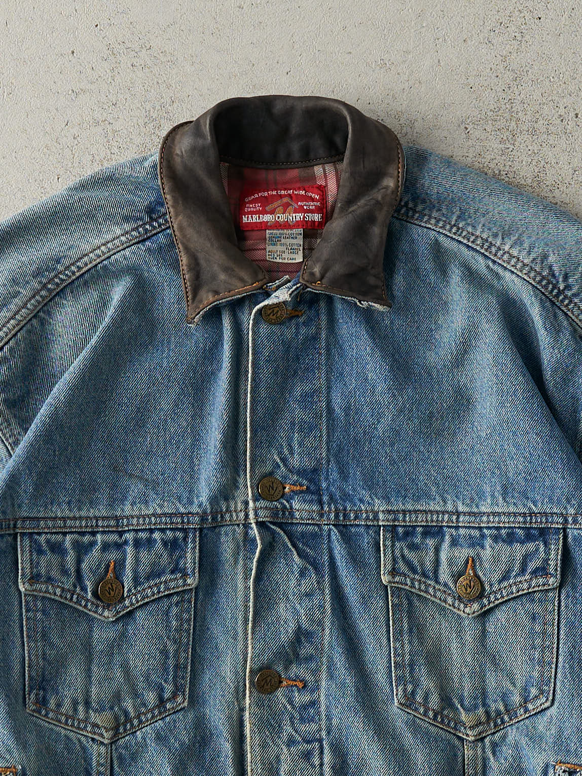 marlboro cigarettes jean jacket Vintage Cigs Mens M Blue Denim 90s Ranch Trucker GUC Deconstructed Denim Jacket 90s vintage Marlboro Cigarettes country
