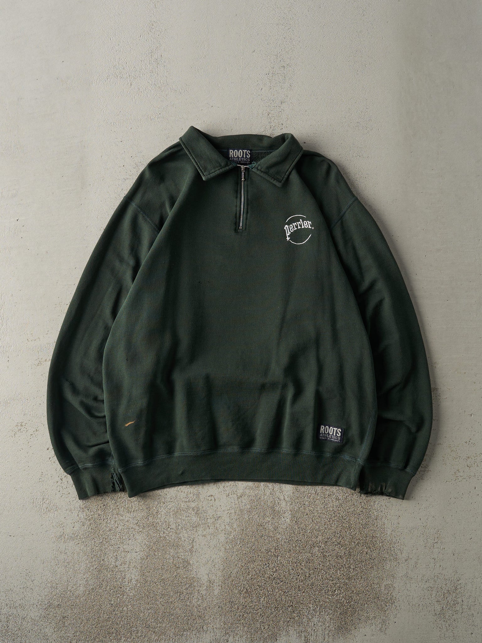 Vintage Y2K Forest Green Embroidered Perrier Roots Quarter Zip (L)