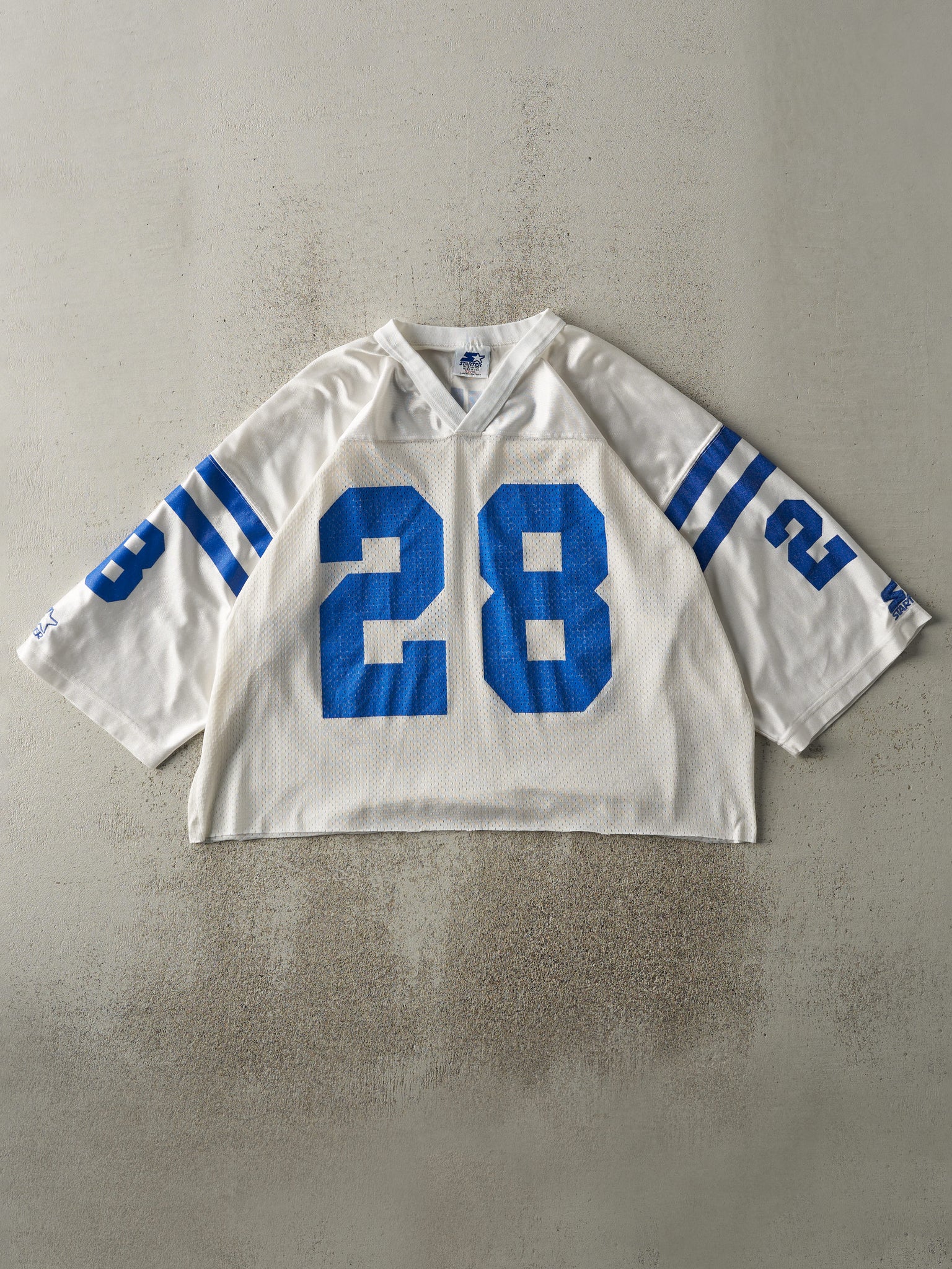 Vintage 95' White & Blue Indianapolis Colts #28 Marshall Faulk Cropped Jersey (M/L)