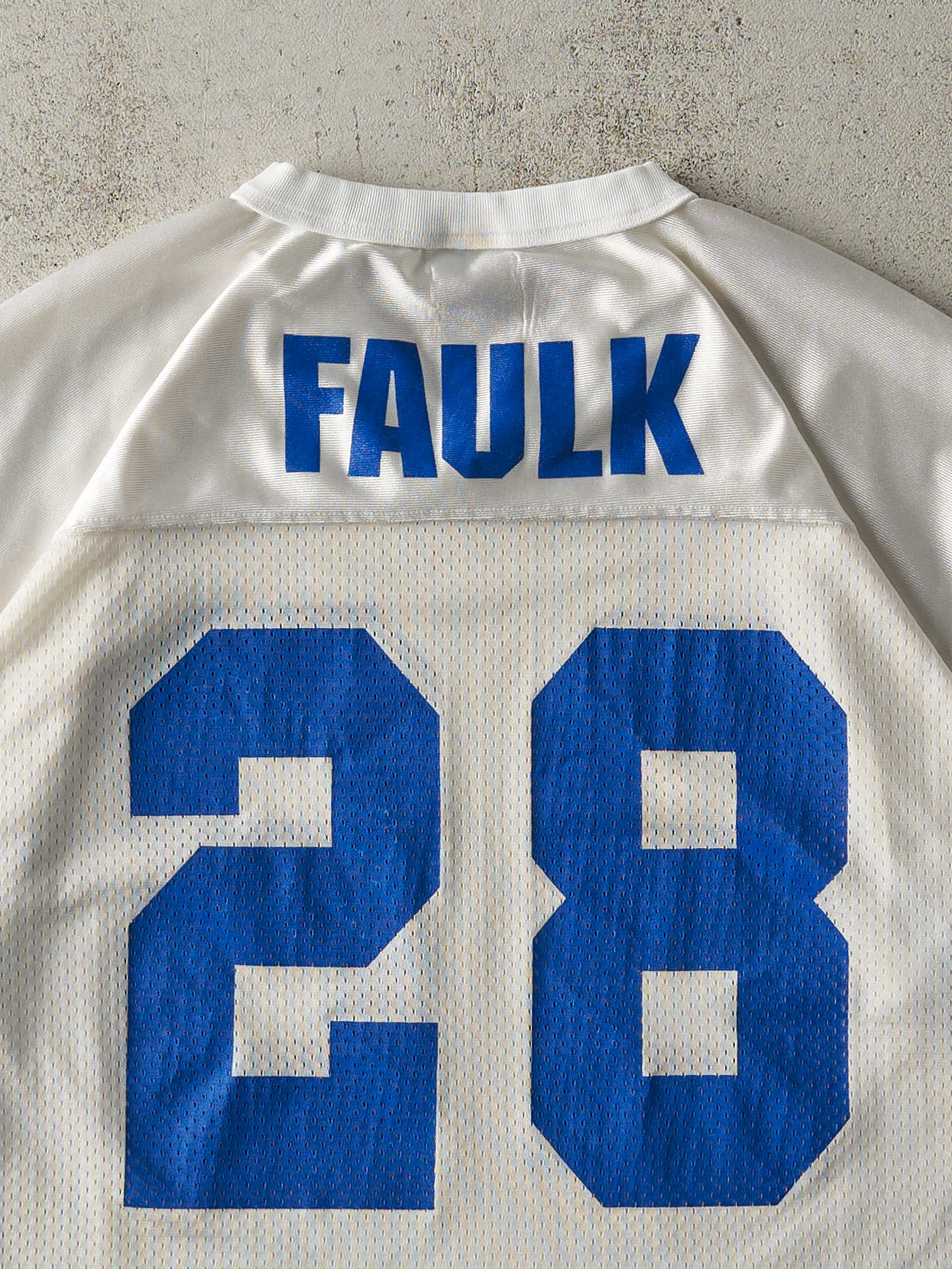 Vintage 95' White & Blue Indianapolis Colts #28 Marshall Faulk Cropped Jersey (M/L)