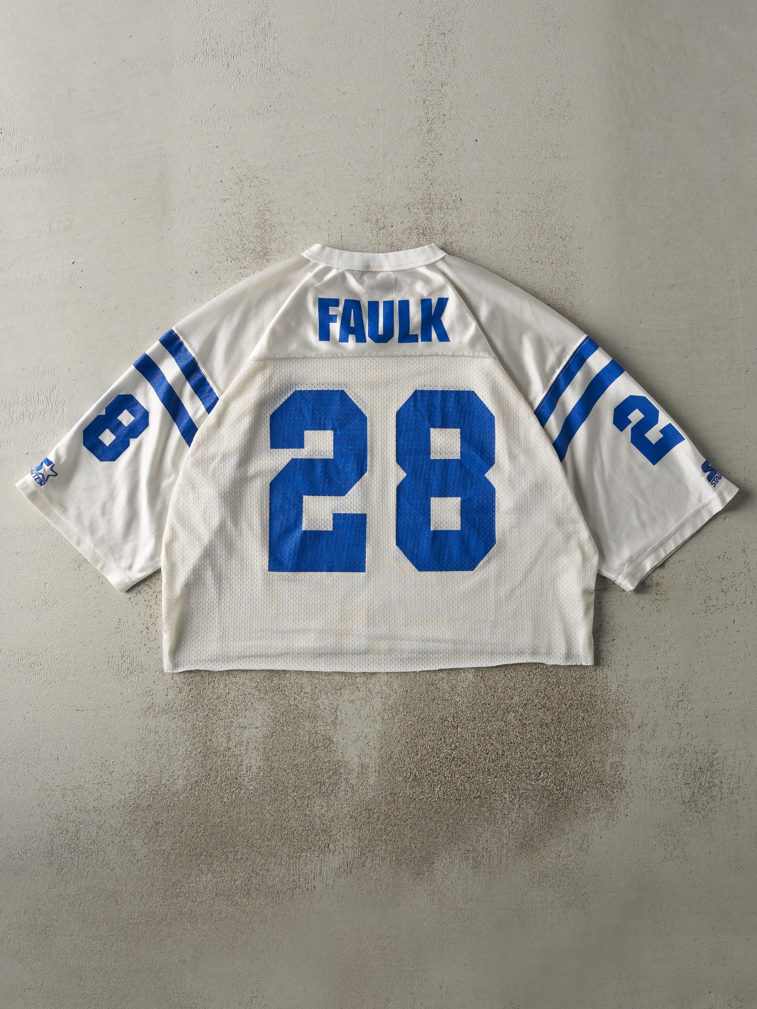 Vintage 95' White & Blue Indianapolis Colts #28 Marshall Faulk Cropped Jersey (M/L)