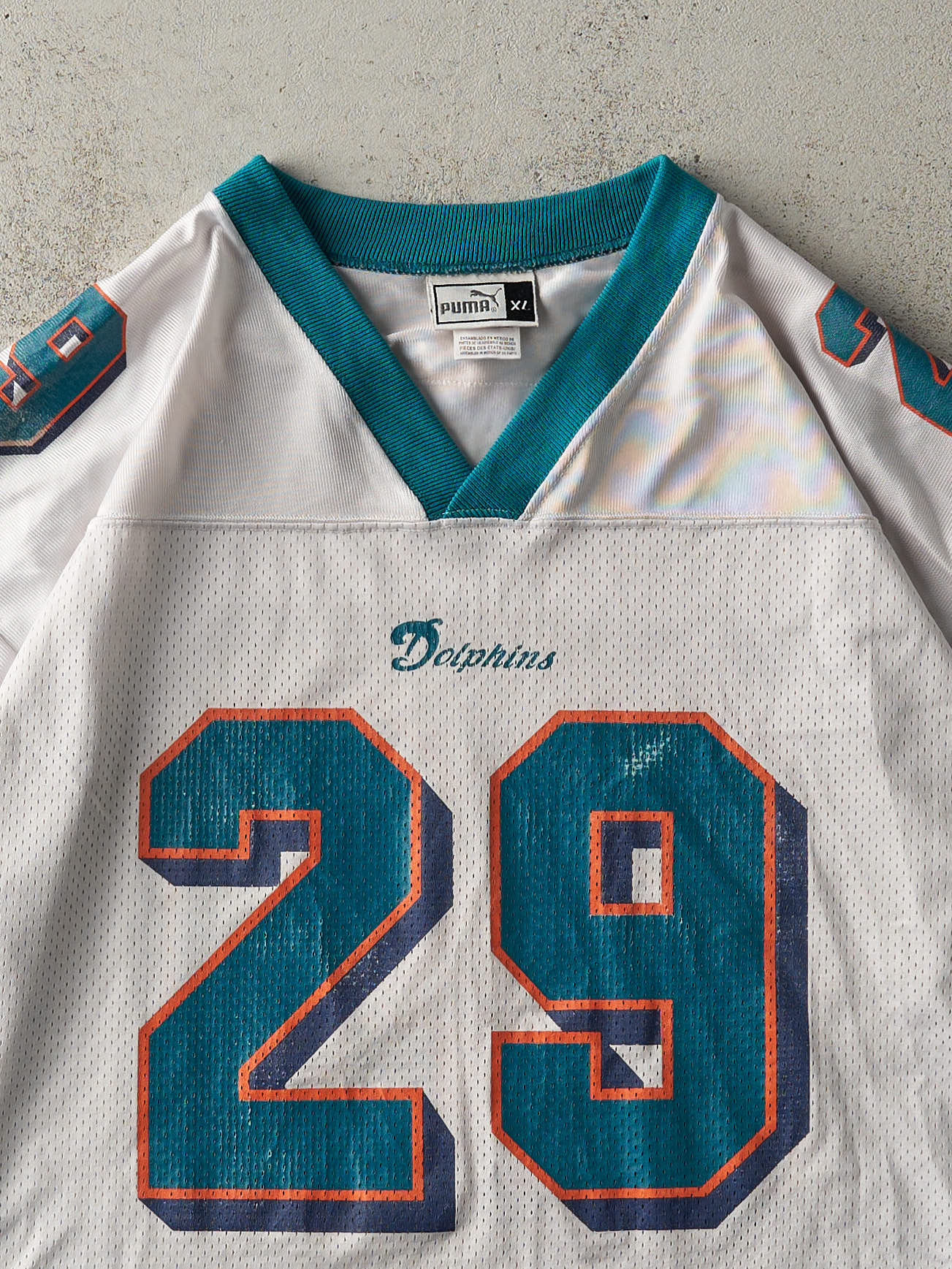 Vintage Y2K White & Teal Puma Miami Dolphins #29 Sam Maddison Cropped Jersey (L)