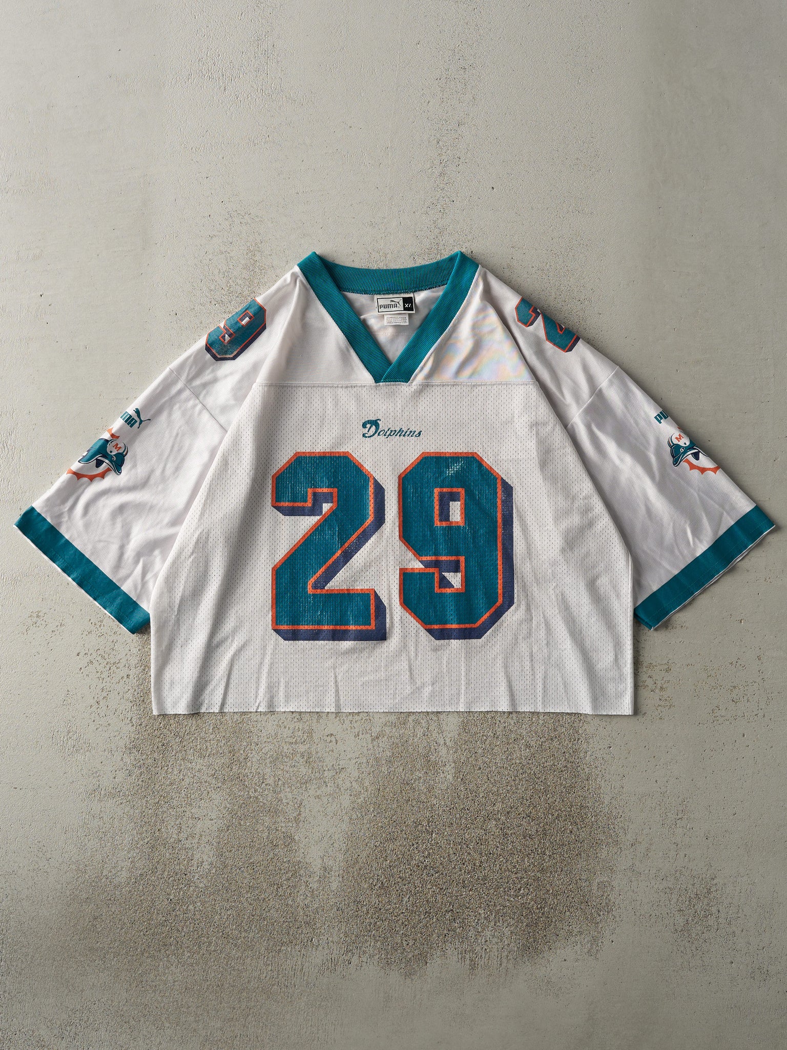 Vintage Y2K White & Teal Puma Miami Dolphins #29 Sam Maddison Cropped Jersey (L)