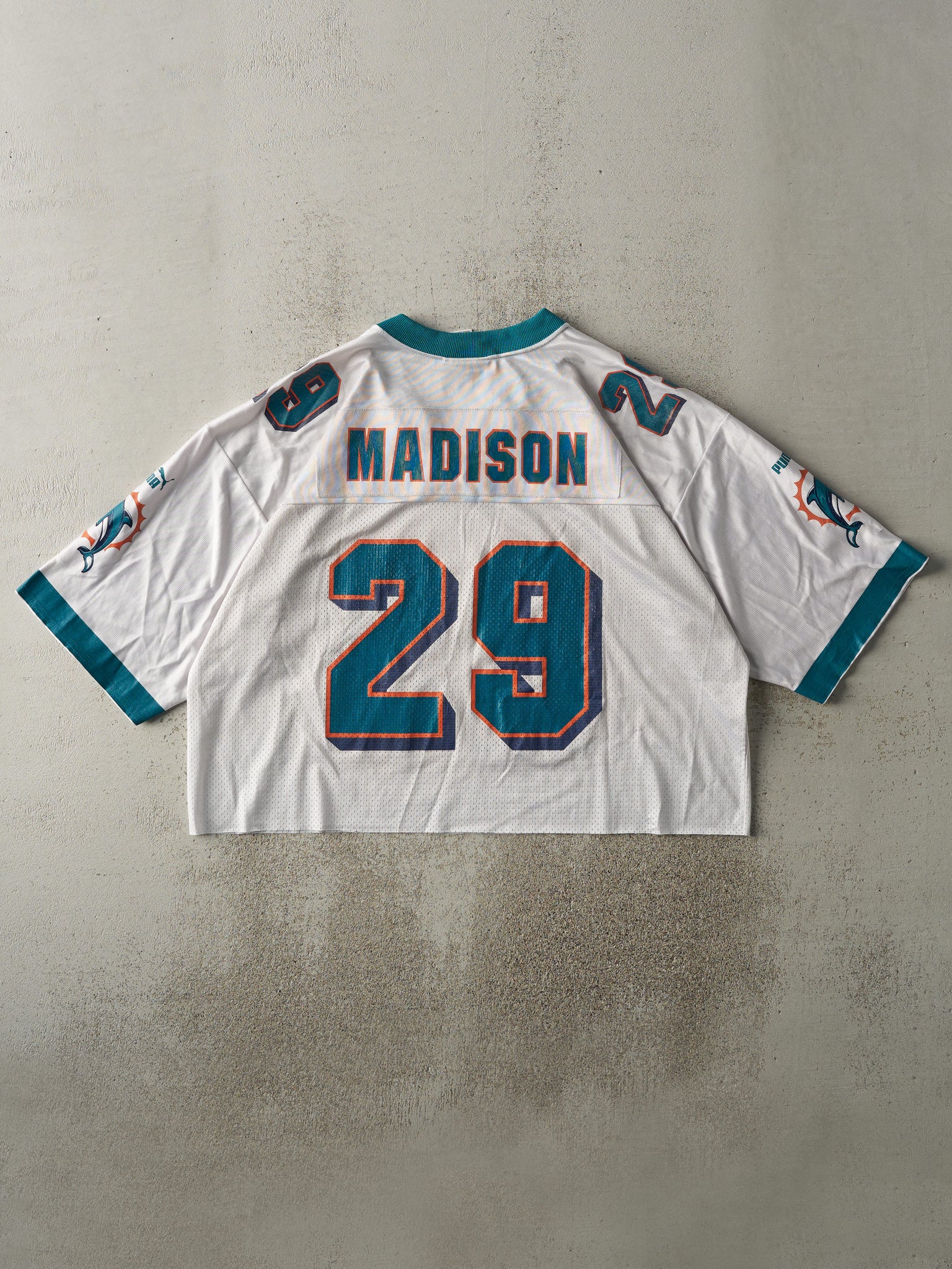 Vintage Y2K White & Teal Puma Miami Dolphins #29 Sam Maddison Cropped Jersey (L)