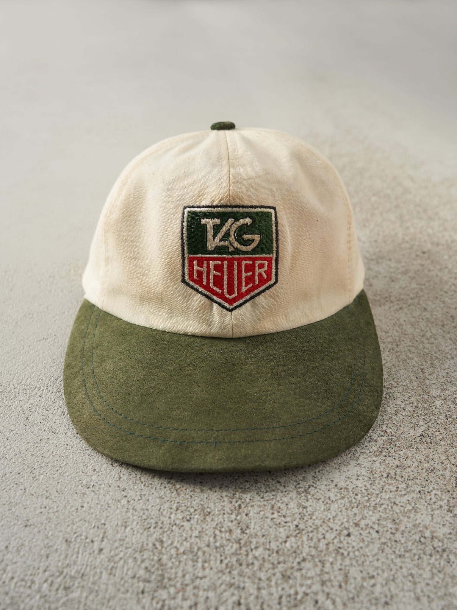 Vintage 90s Beige & Green Tag Heuer Embroidered Leather Strapback Hat