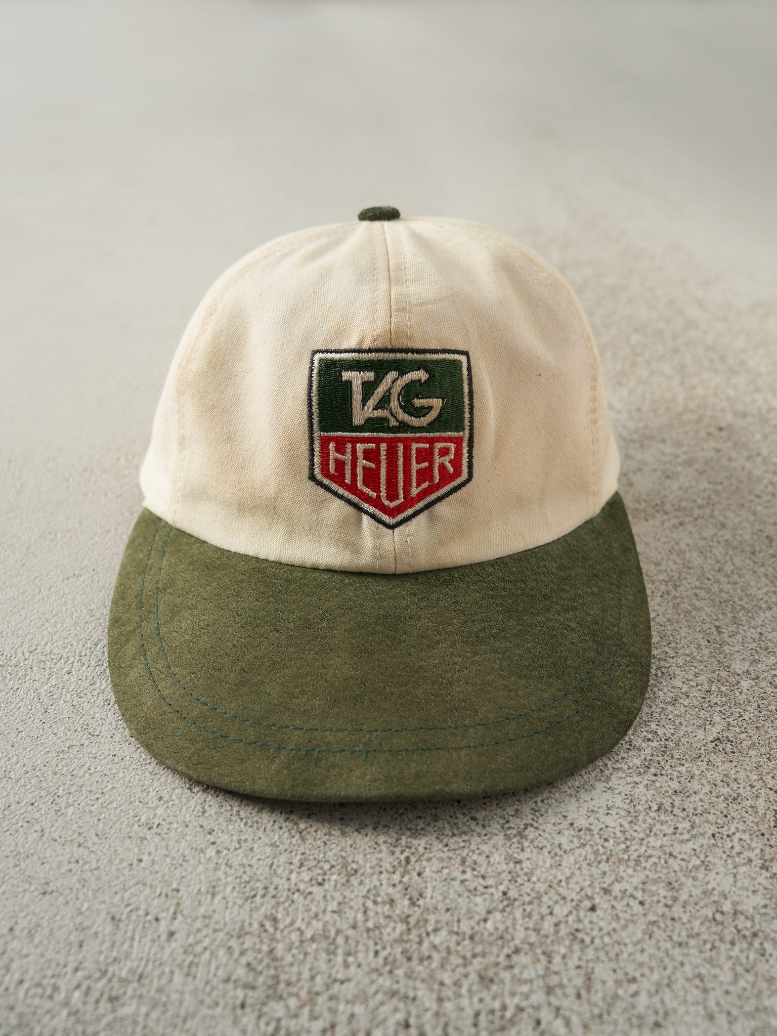 Vintage 90s Beige & Green Tag Heuer Embroidered Leather Strap Back Hat