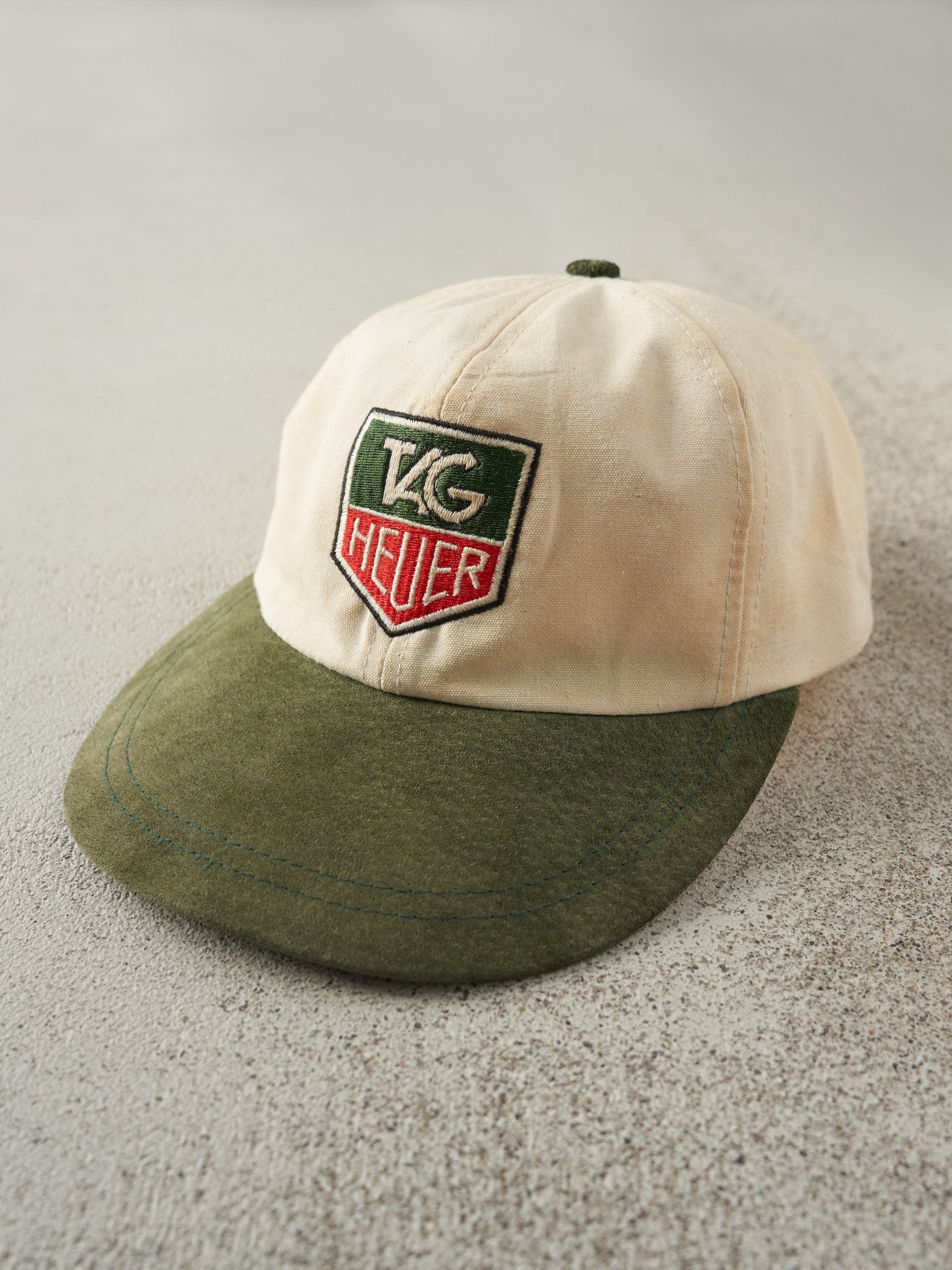 Vintage 90s Beige & Green Tag Heuer Embroidered Leather Strapback Hat