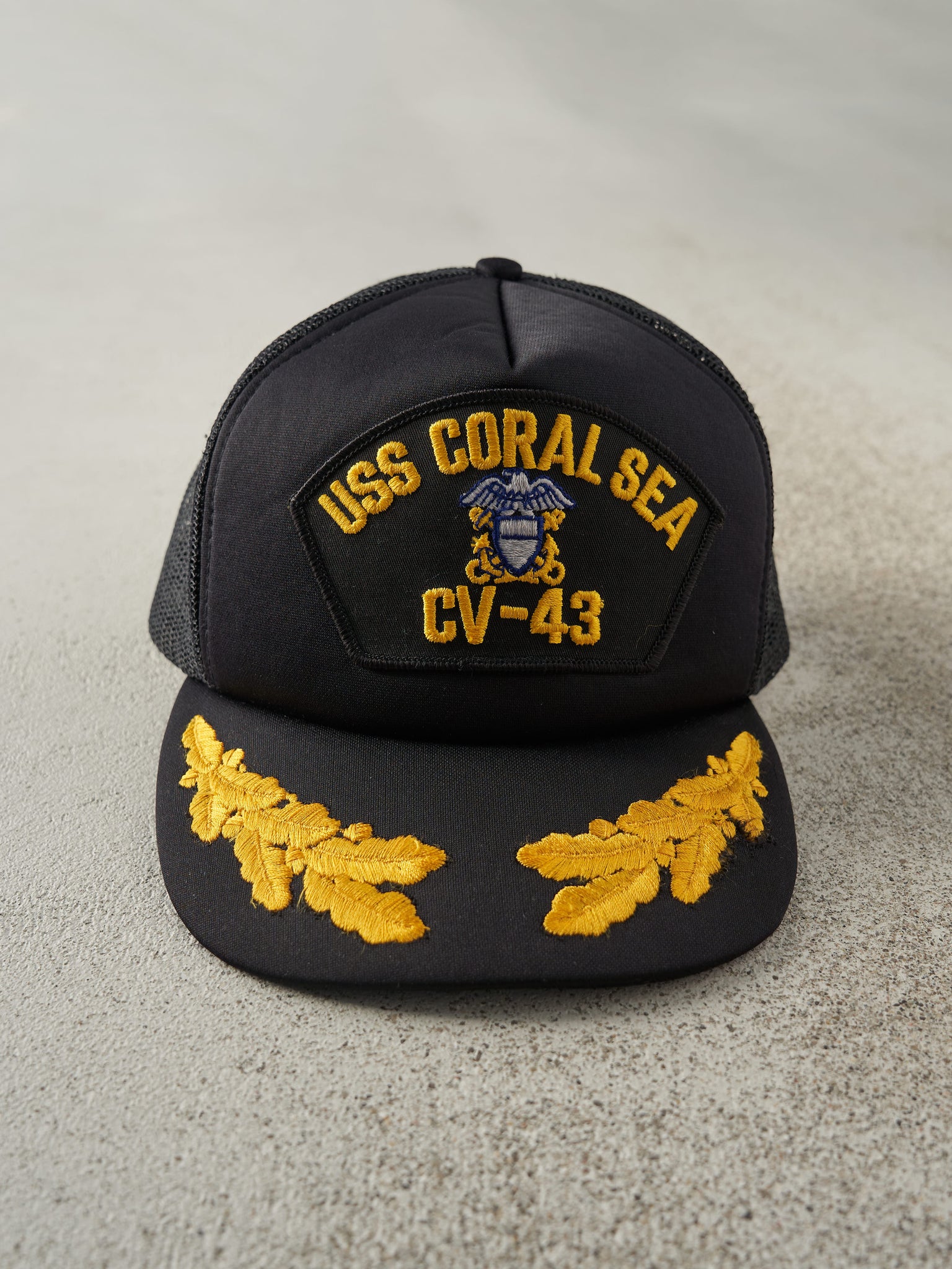 Vintage 80s Black & Yellow USS Coral Sea Foam Trucker Hat