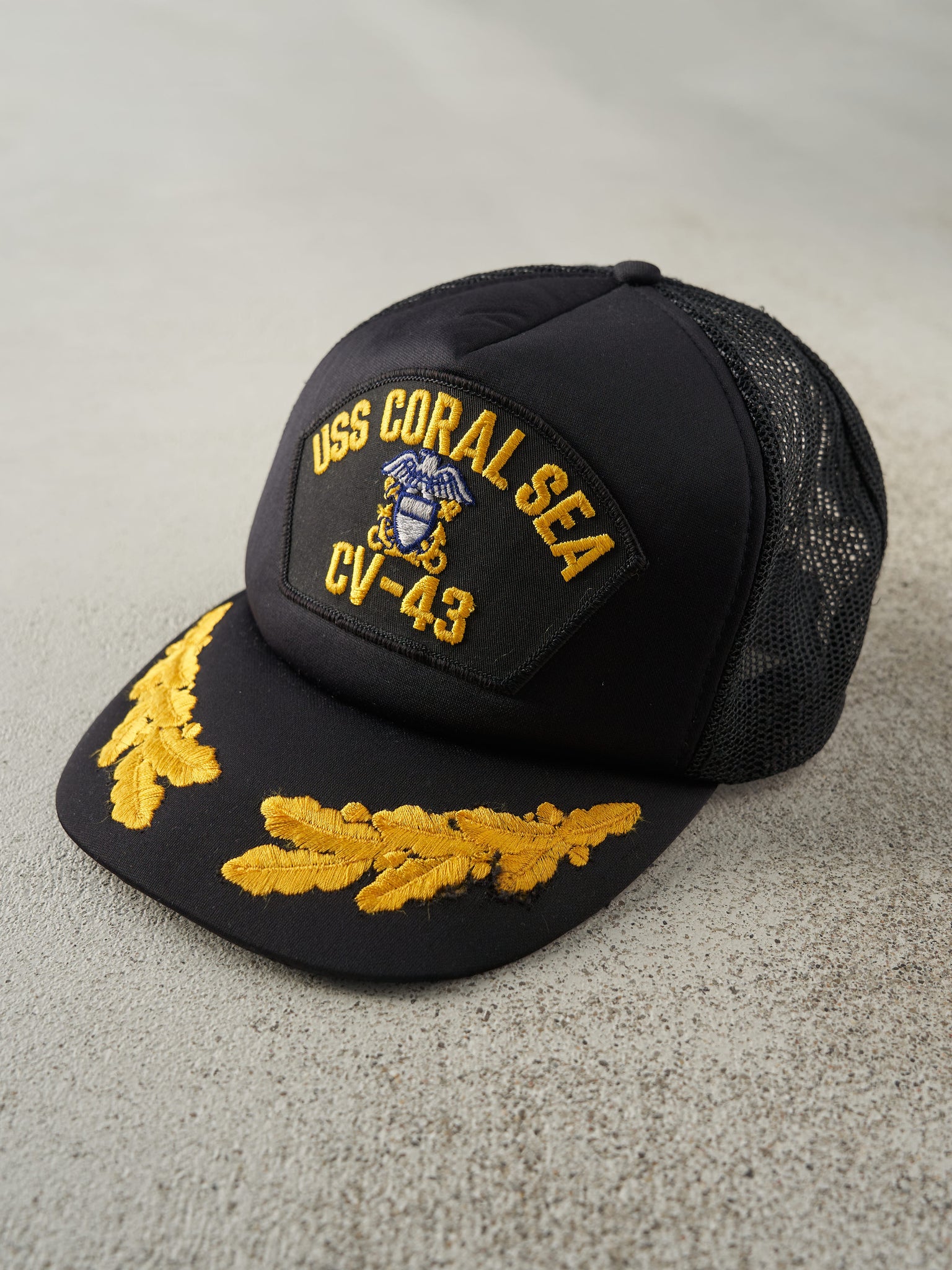 Vintage 80s Black & Yellow USS Coral Sea Foam Trucker Hat