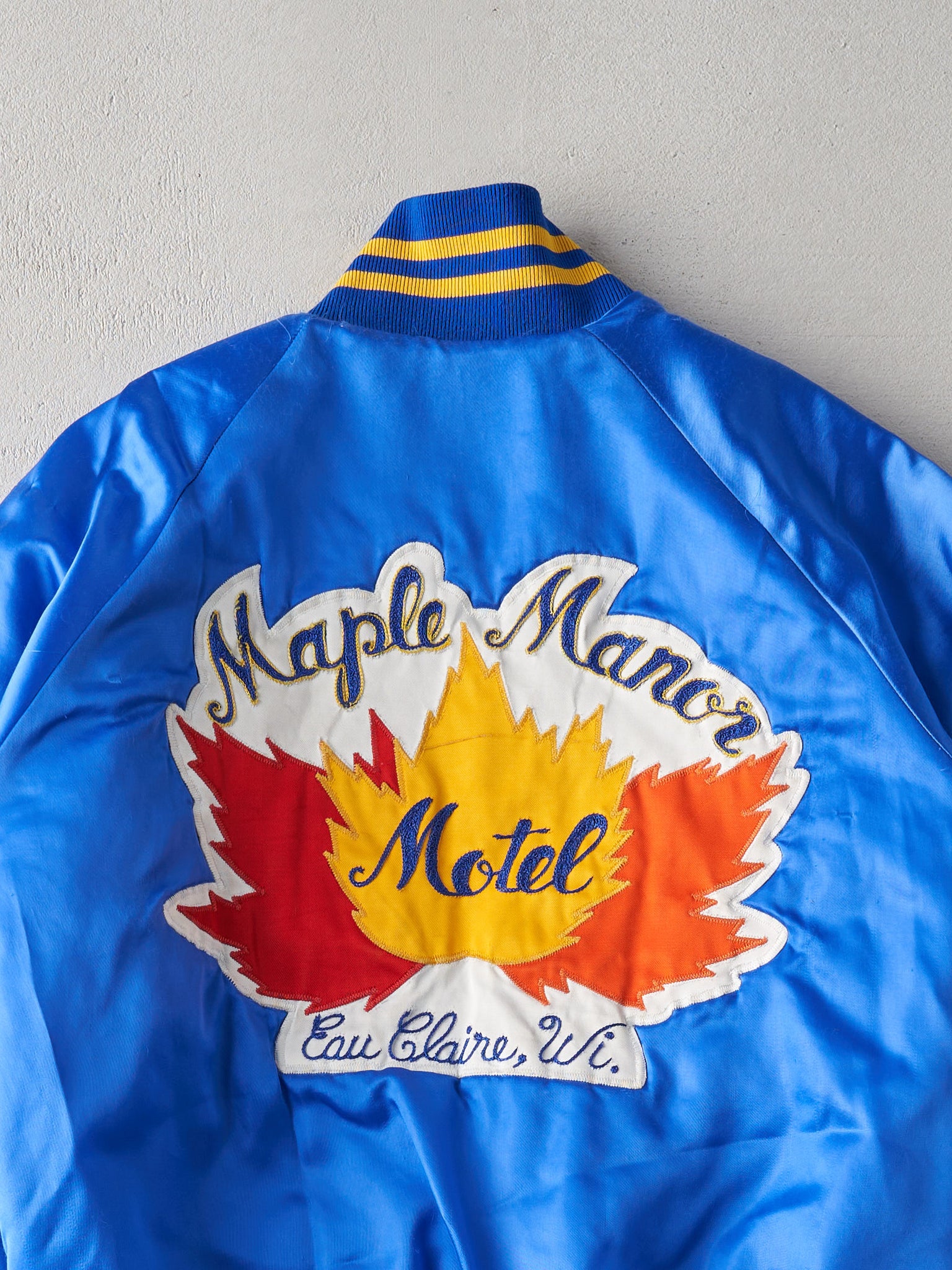 Vintage 70s Blue Maple Manor Satin Chain Stitched Bomber Jacket (M)