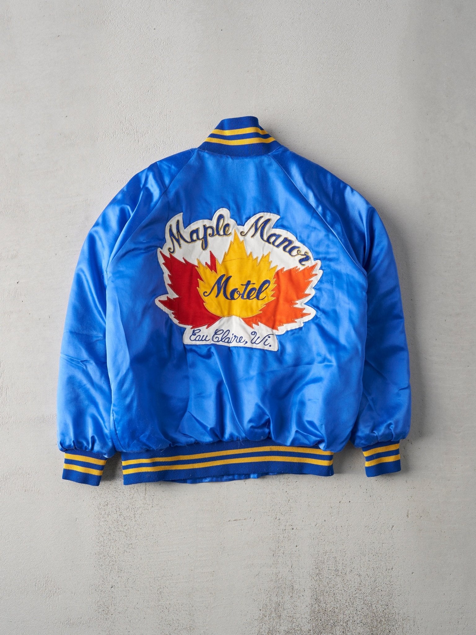 Vintage 70s Blue Maple Manor Satin Chain Stitched Bomber Jacket (M/L)
