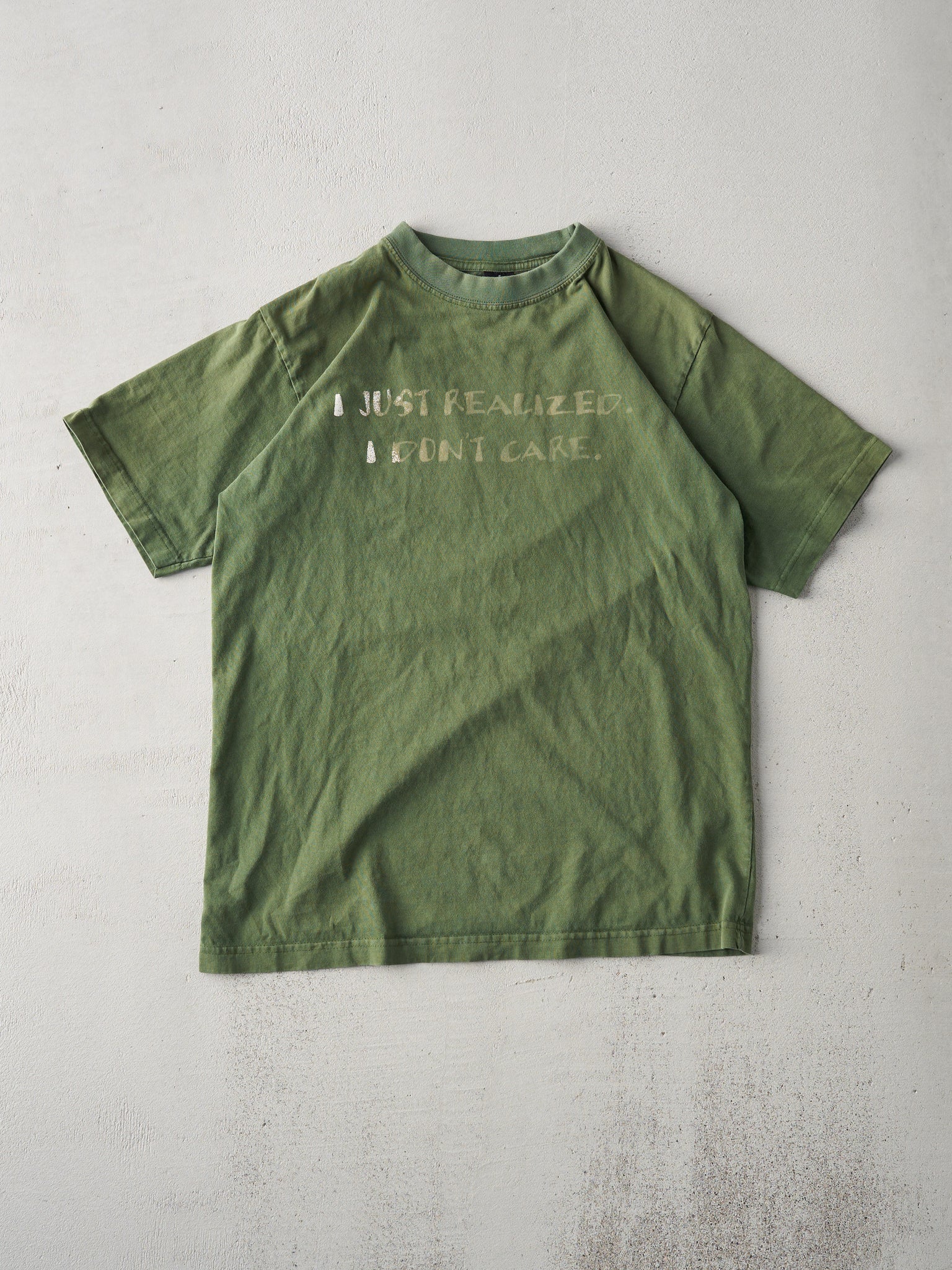 Vintage Olive Green "I Just Realized I Don't Care" Tee (S/M)