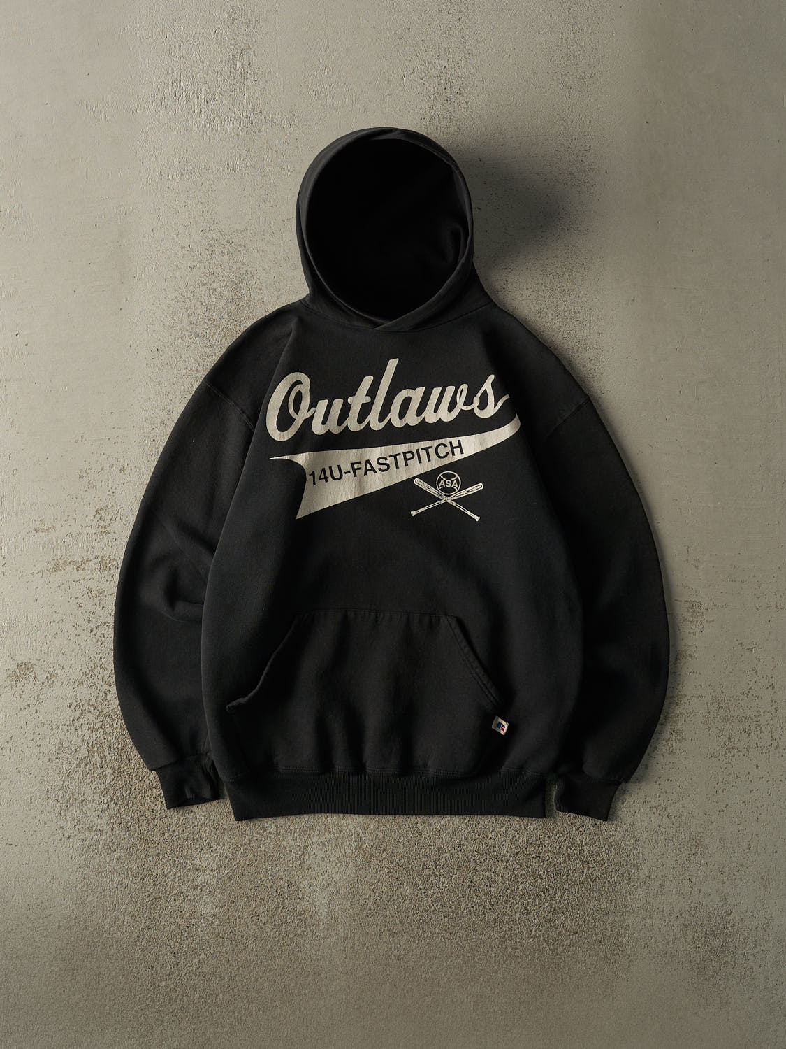 Vintage 90s Faded Black Outlaws Fastpitch ASA Russell Athletic Hoodie (M/L)