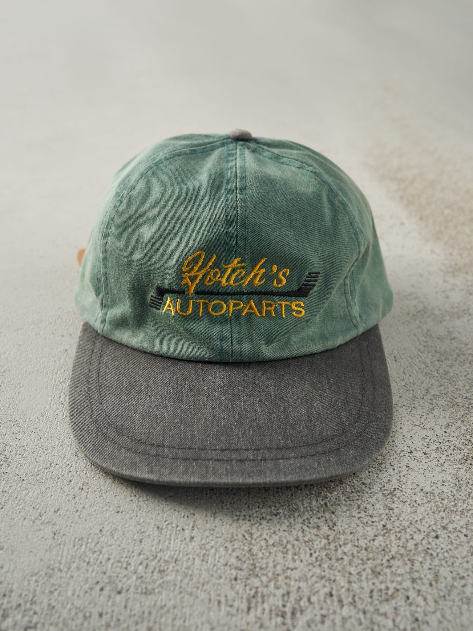 Vintage 90s Green & Black Hotch's Auto Parts Leather Strapback Hat