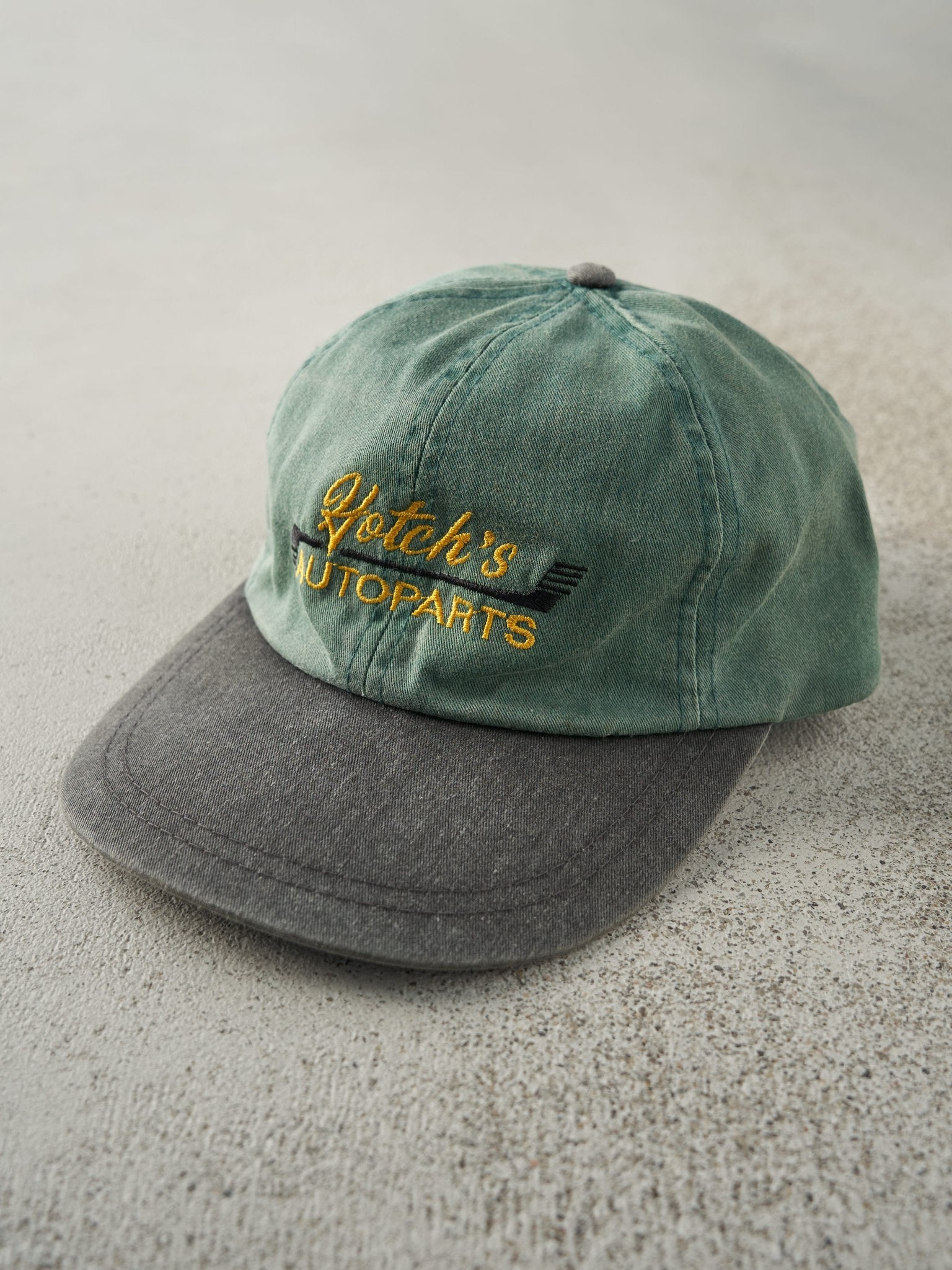 Vintage 90s Green & Black Hotch's Auto Parts Leather Strapback Hat
