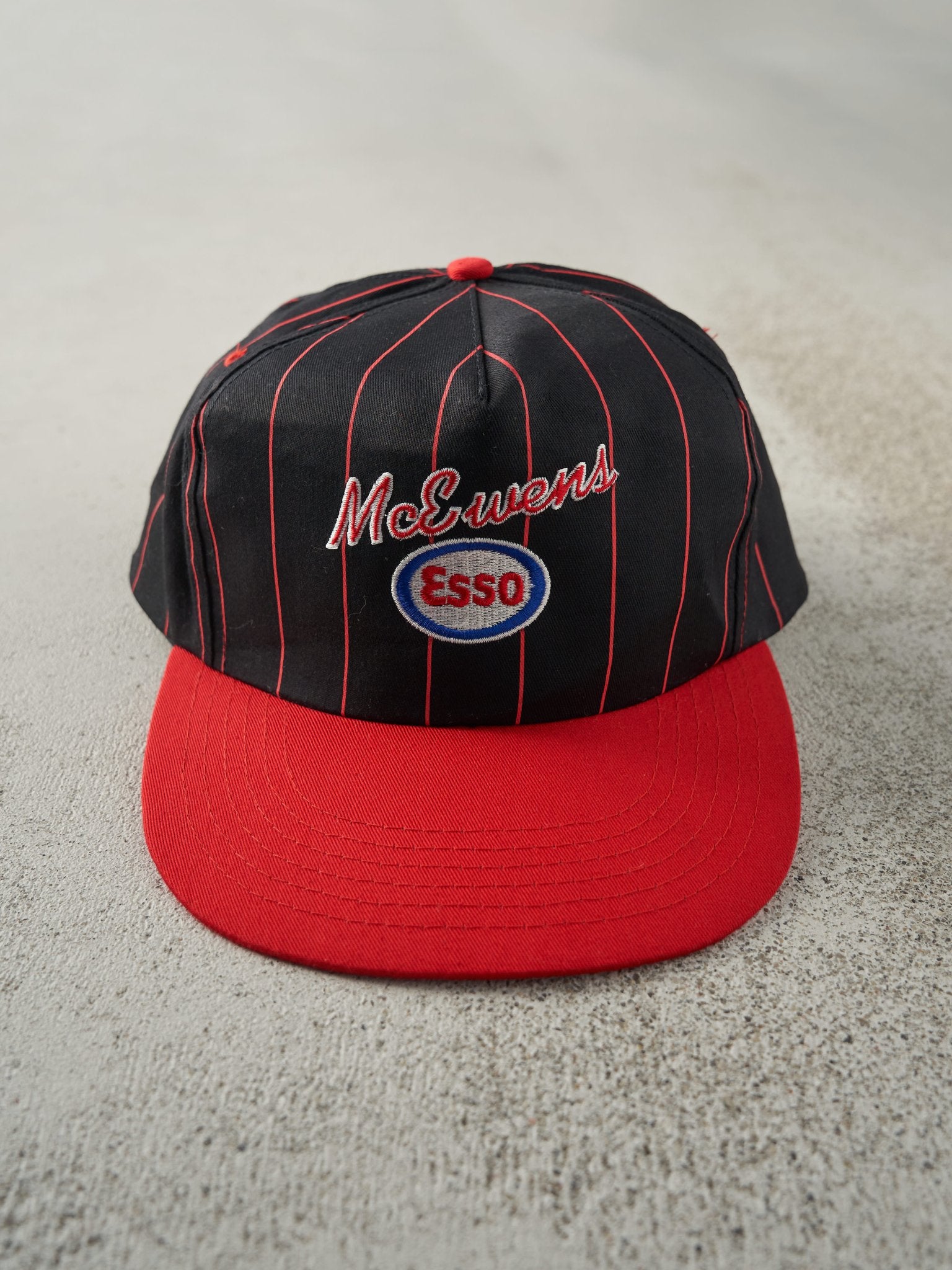 Vintage 90s Black & Red McEwens Esso Pinstripe Snapback Hat
