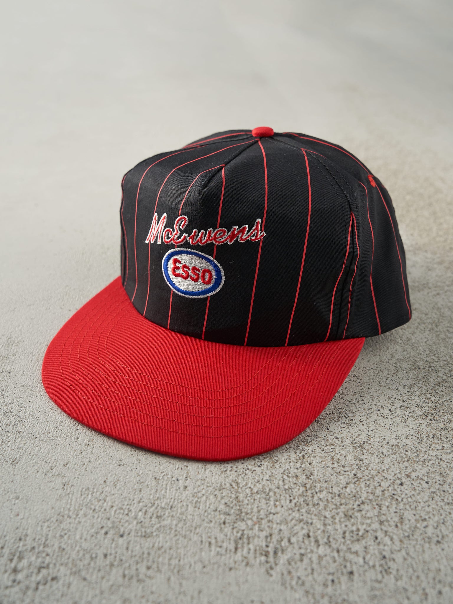 Vintage 90s Black & Red McEwens Esso Pinstripe Snapback Hat