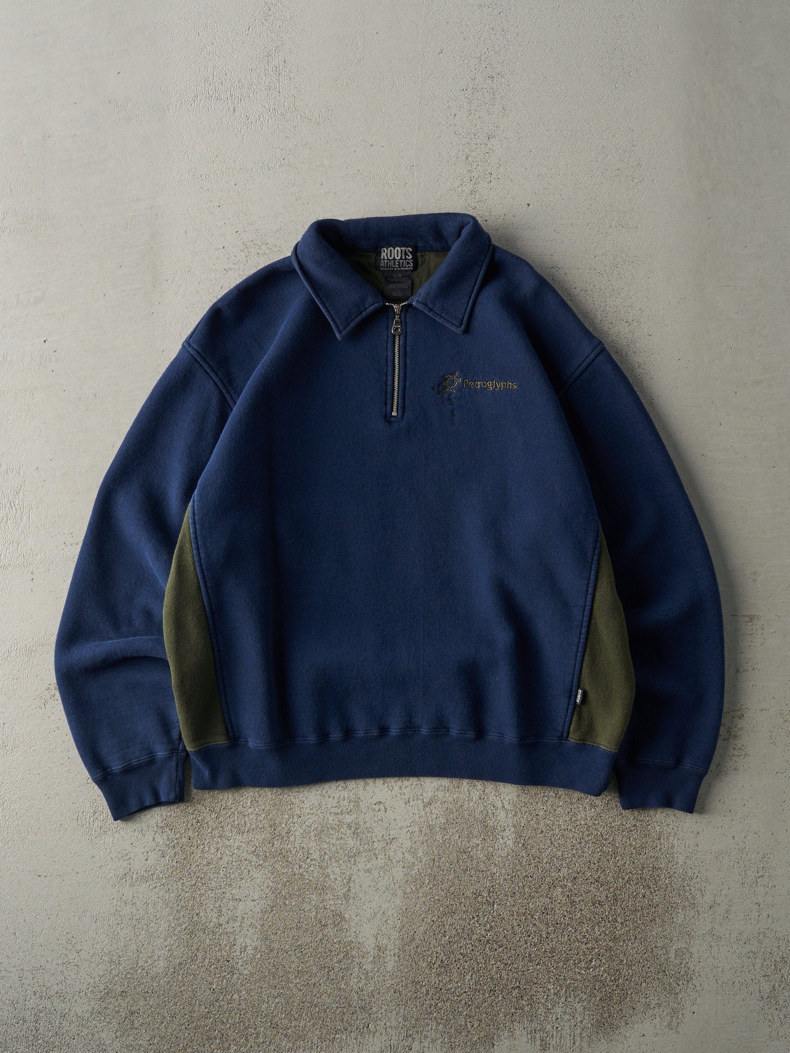 Vintage Y2K Navy Blue & Green Roots Quarter Zip Boxy Sweatshirt (L)