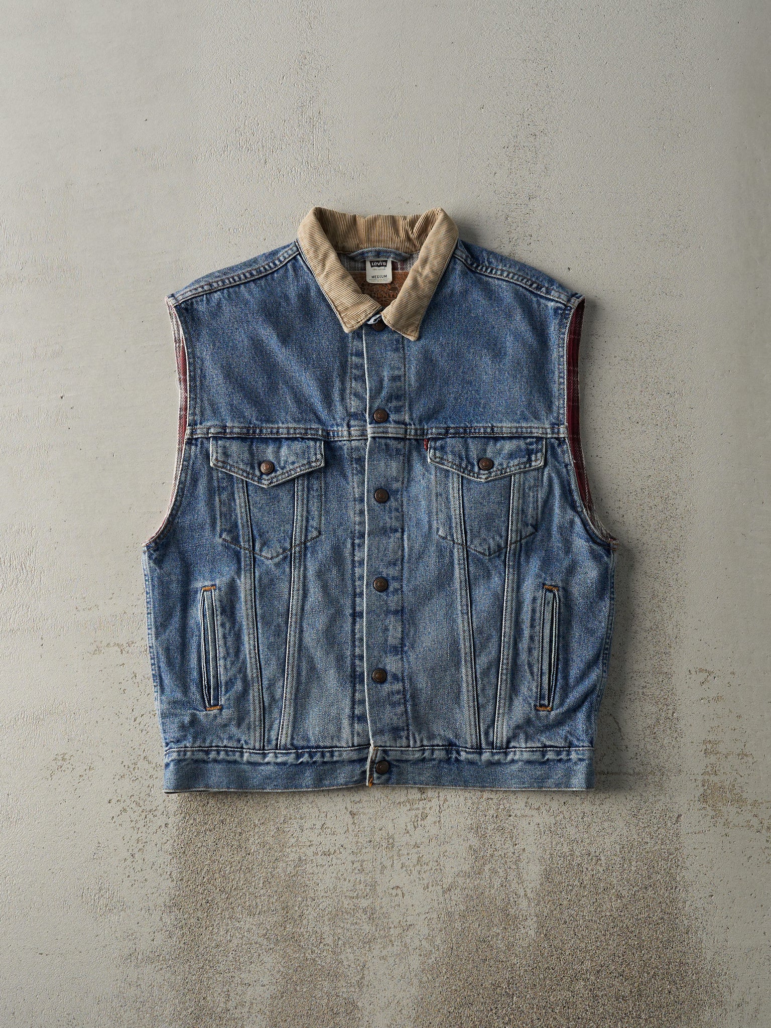 Vintage 90s Light Wash Levi's Type 3 Plaid Lined Denim Vest (M)