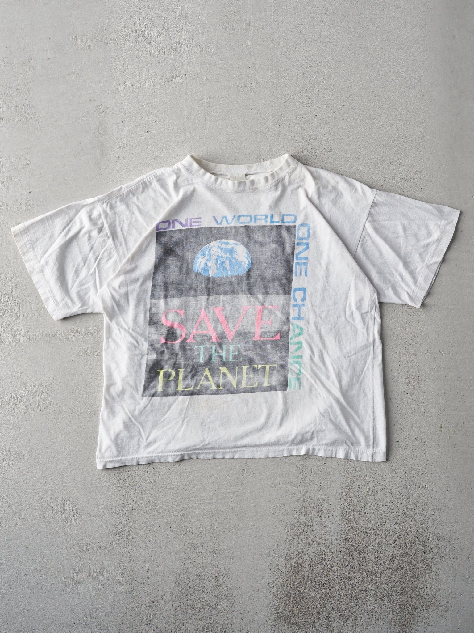 Vintage 90s White "Save The Planet" Boxy Tee (M)