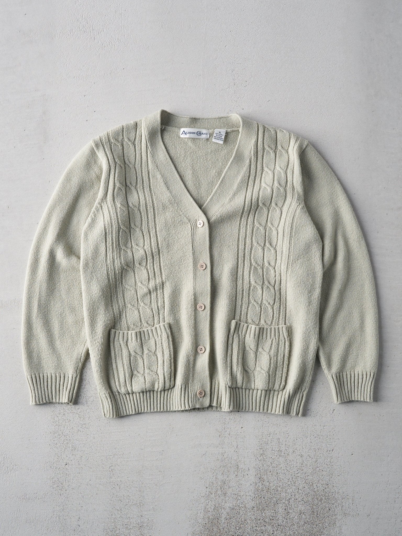 Vintage 80s Beige Alison Craig Cable Knit Cardigan (M)
