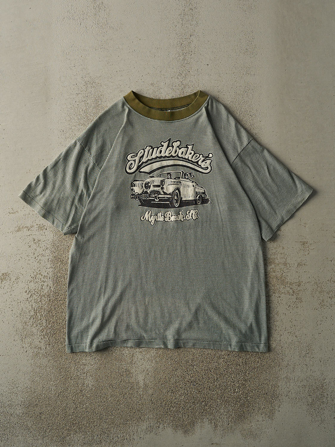 Vintage 90s Green Studebaker's Striped Tee (L/XL)
