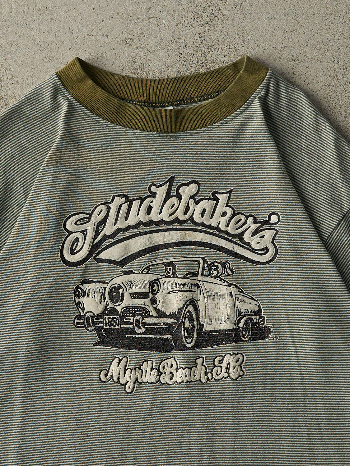 Vintage 90s Green Studebaker's Striped Tee (L/XL)
