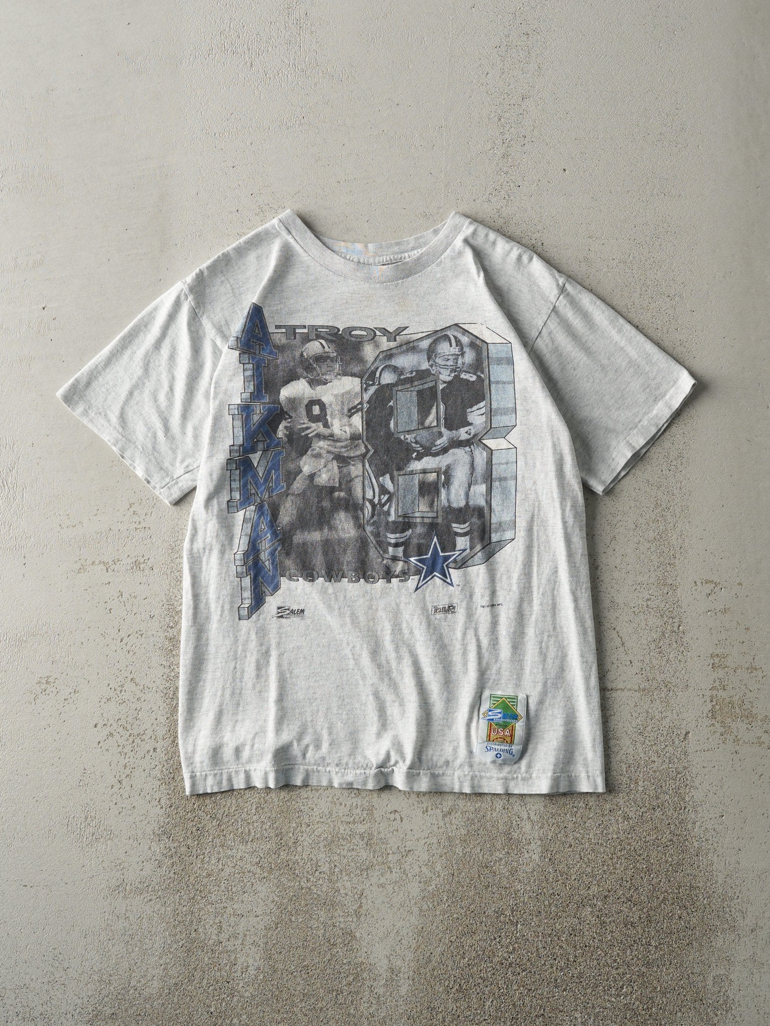 Vintage 91' Heather Grey Troy Aikman Dallas Cowboys Single Stitch Tee (S)