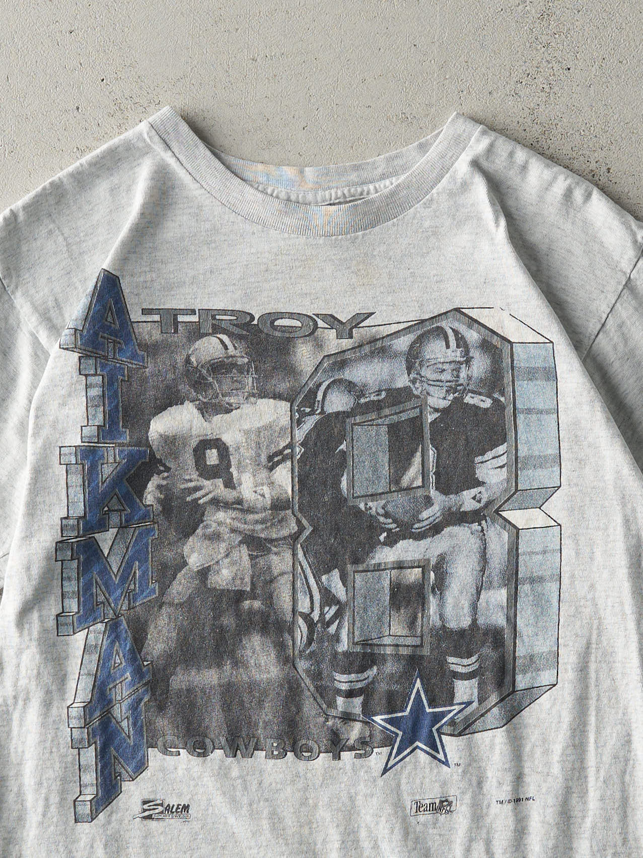 Vintage 91' Heather Grey Troy Aikman Dallas Cowboys Single Stitch Tee (S)